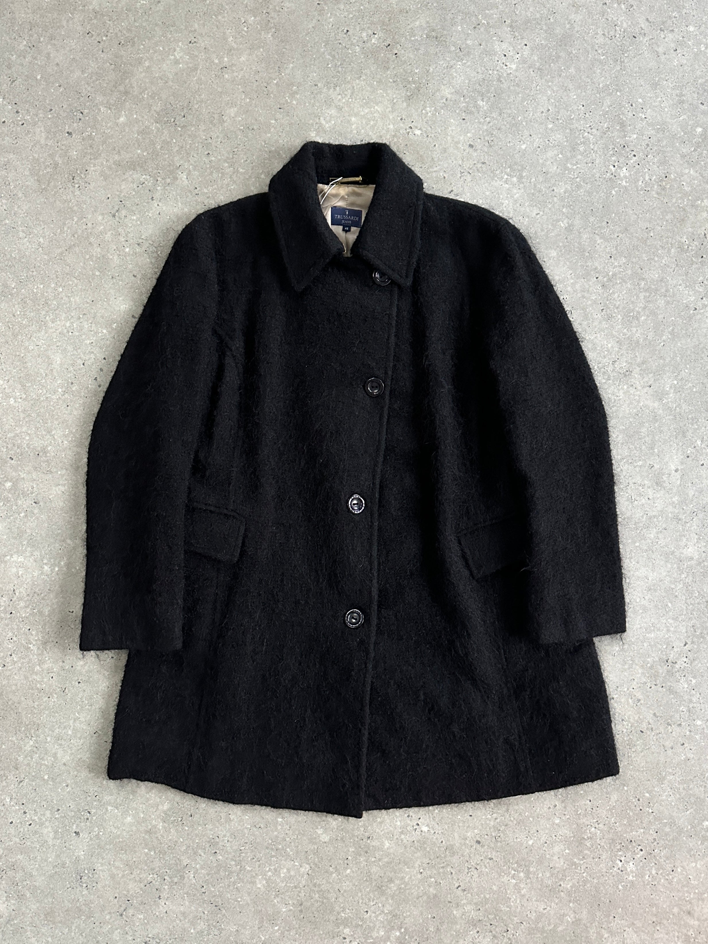 Trussardi 2000s virgin wool mohair single-breasted coat in size M, featuring a classic design and tailored fit.