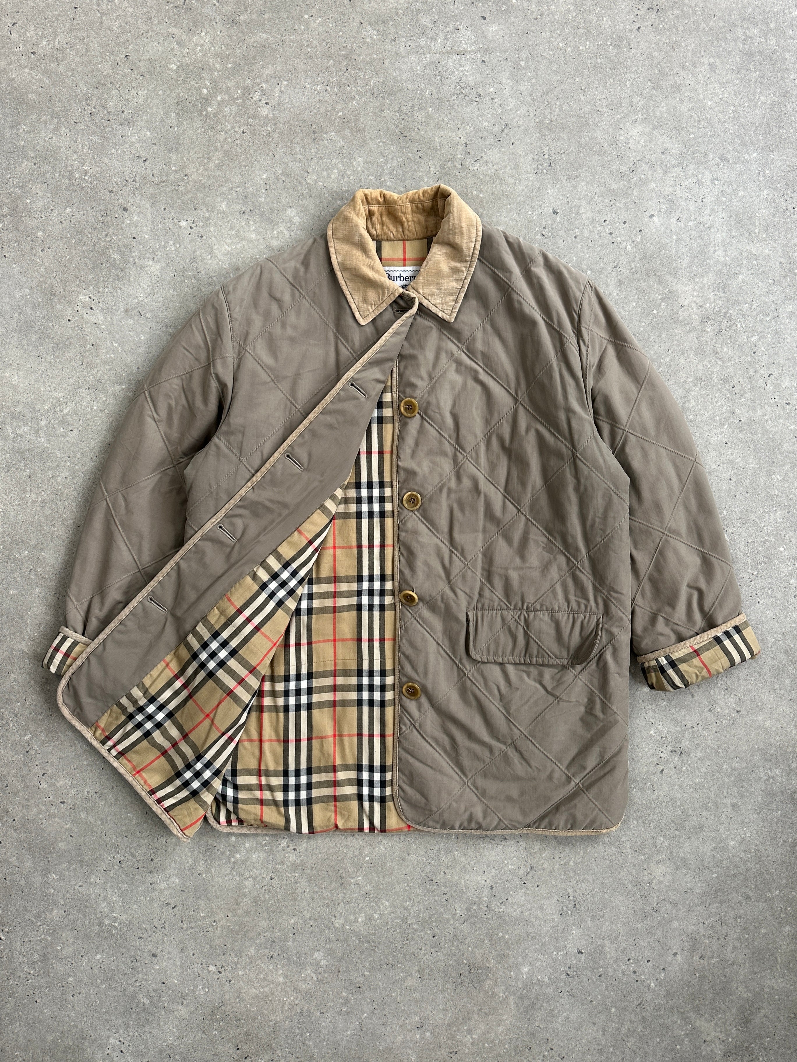 Burberry 1990s quilted Nova Check coat with cord collar, classic design, in size large, featuring the iconic check pattern and quilted texture.