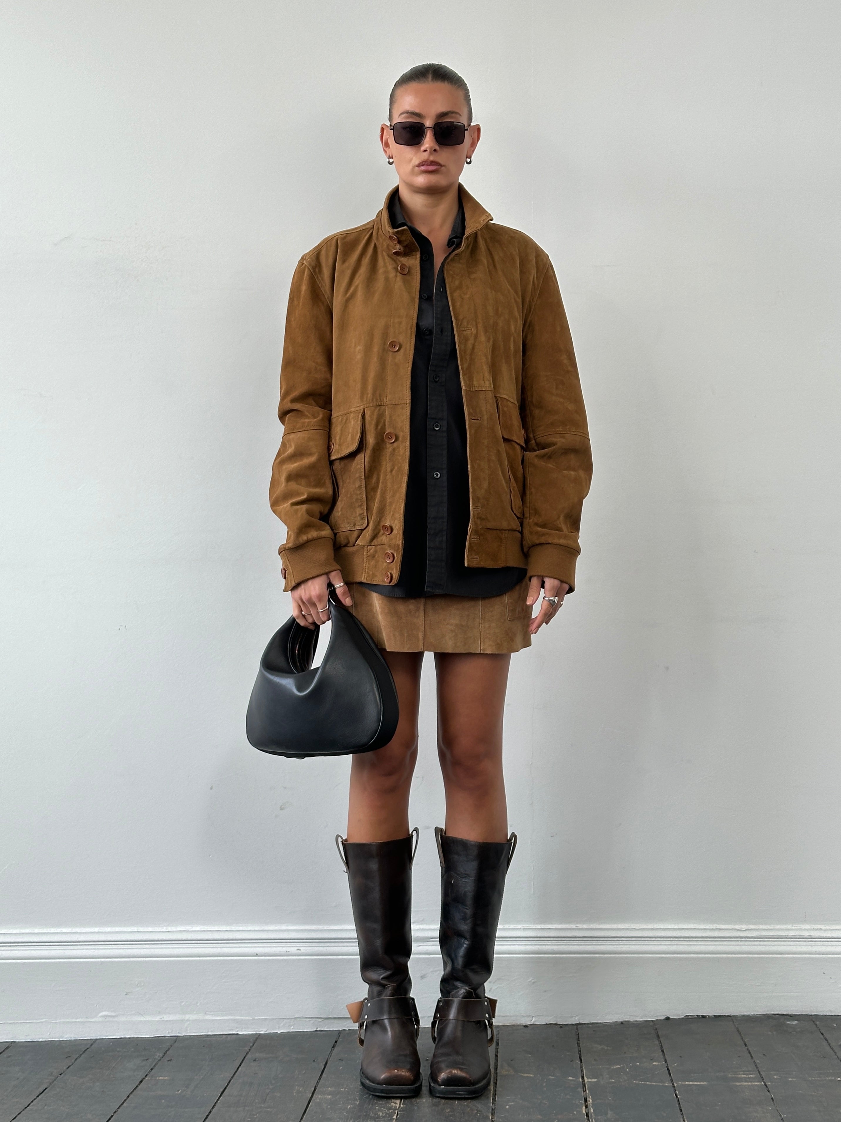 ARMA suede bomber jacket in size L, featuring a classic design with a smooth suede texture and ribbed collar and cuffs.