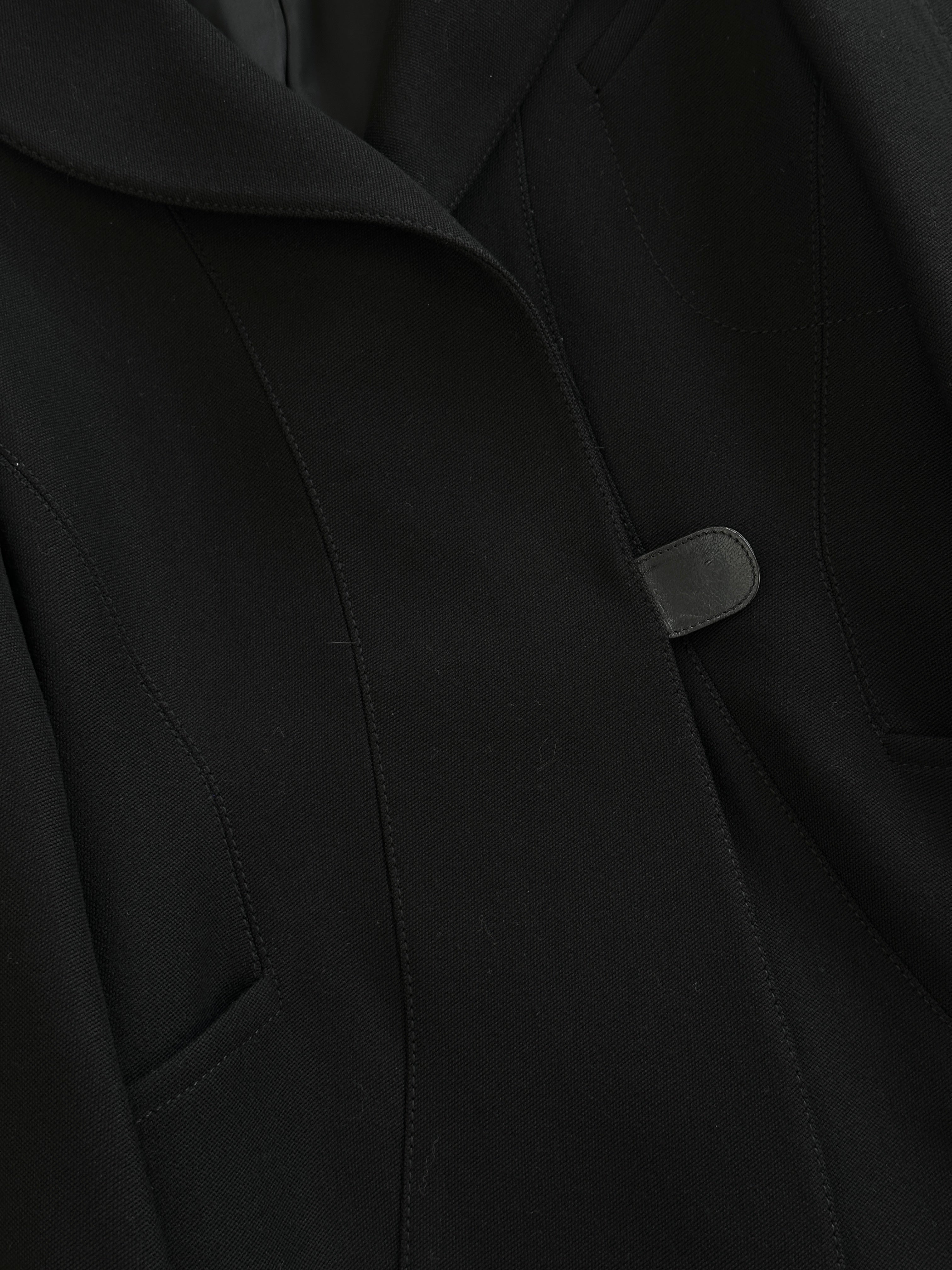 Emporio Armani 2000s pure wool tailored coat in size S, navy blue with classic lapel collar and sleek design.