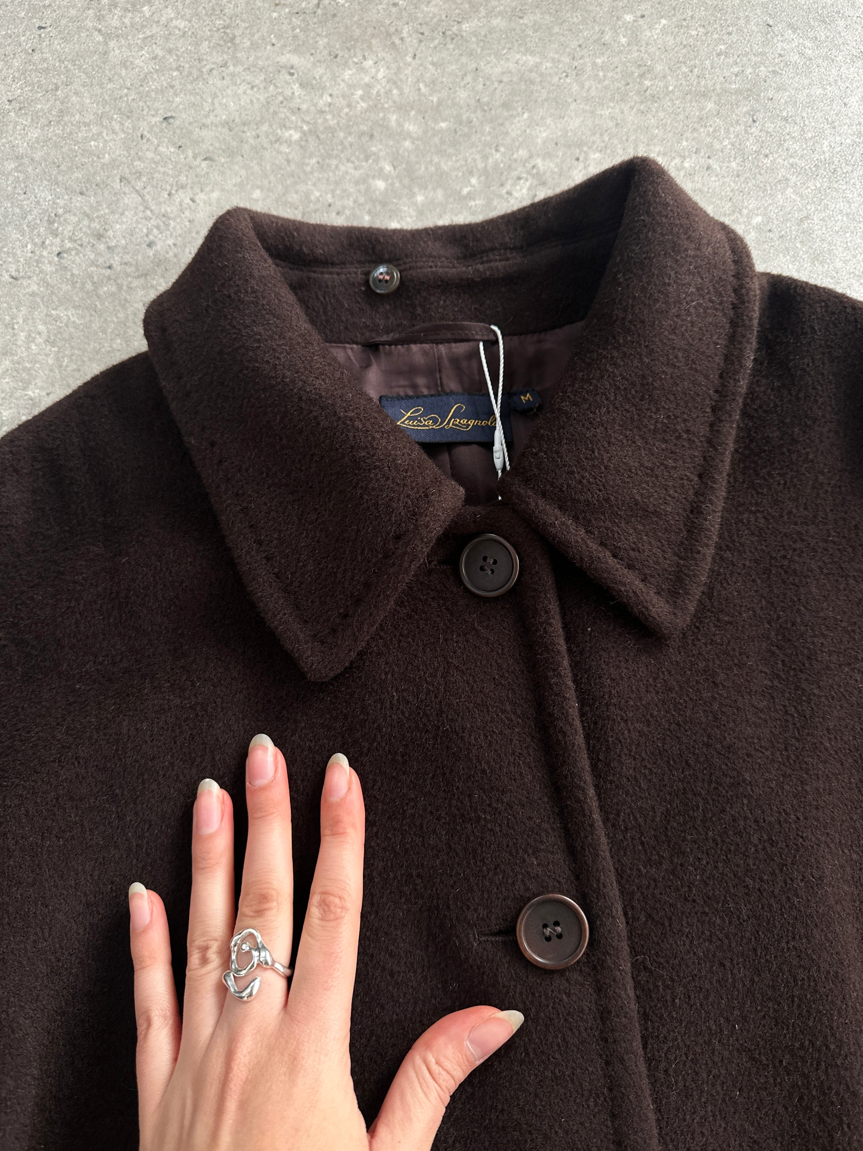 Luisa Spagnoli wool mohair single-breasted coat in size L/XL, featuring a tailored fit and classic design in a neutral color.