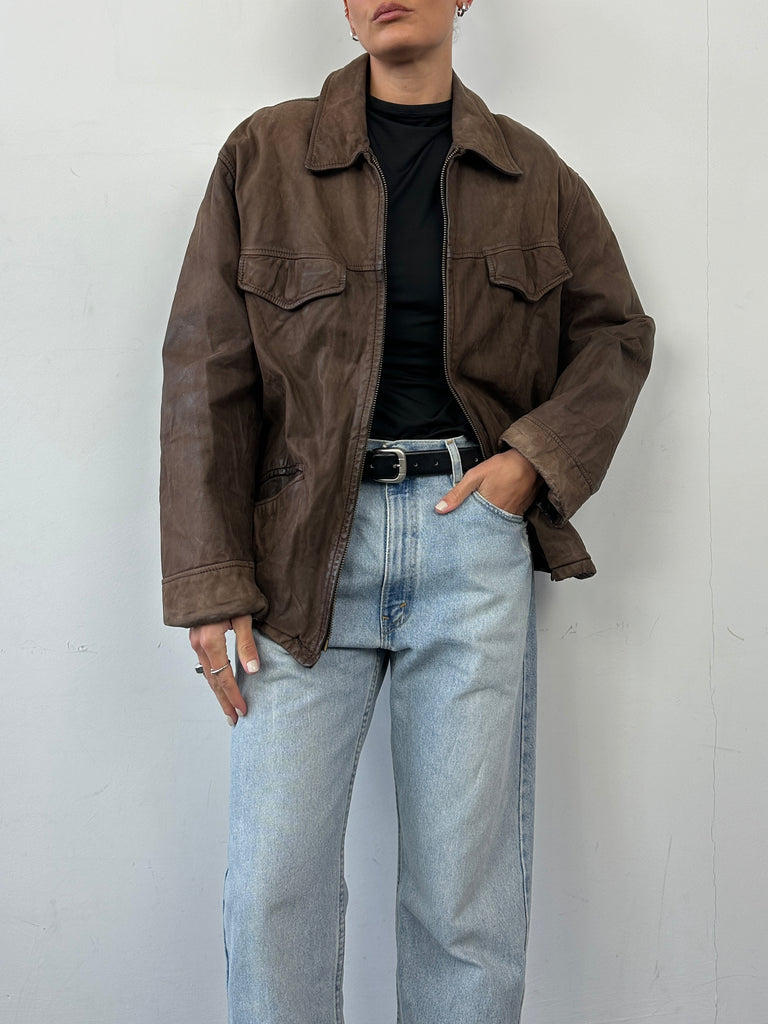 Italian Vintage Zip Up Nubuck Leather Jacket - L - SYLK