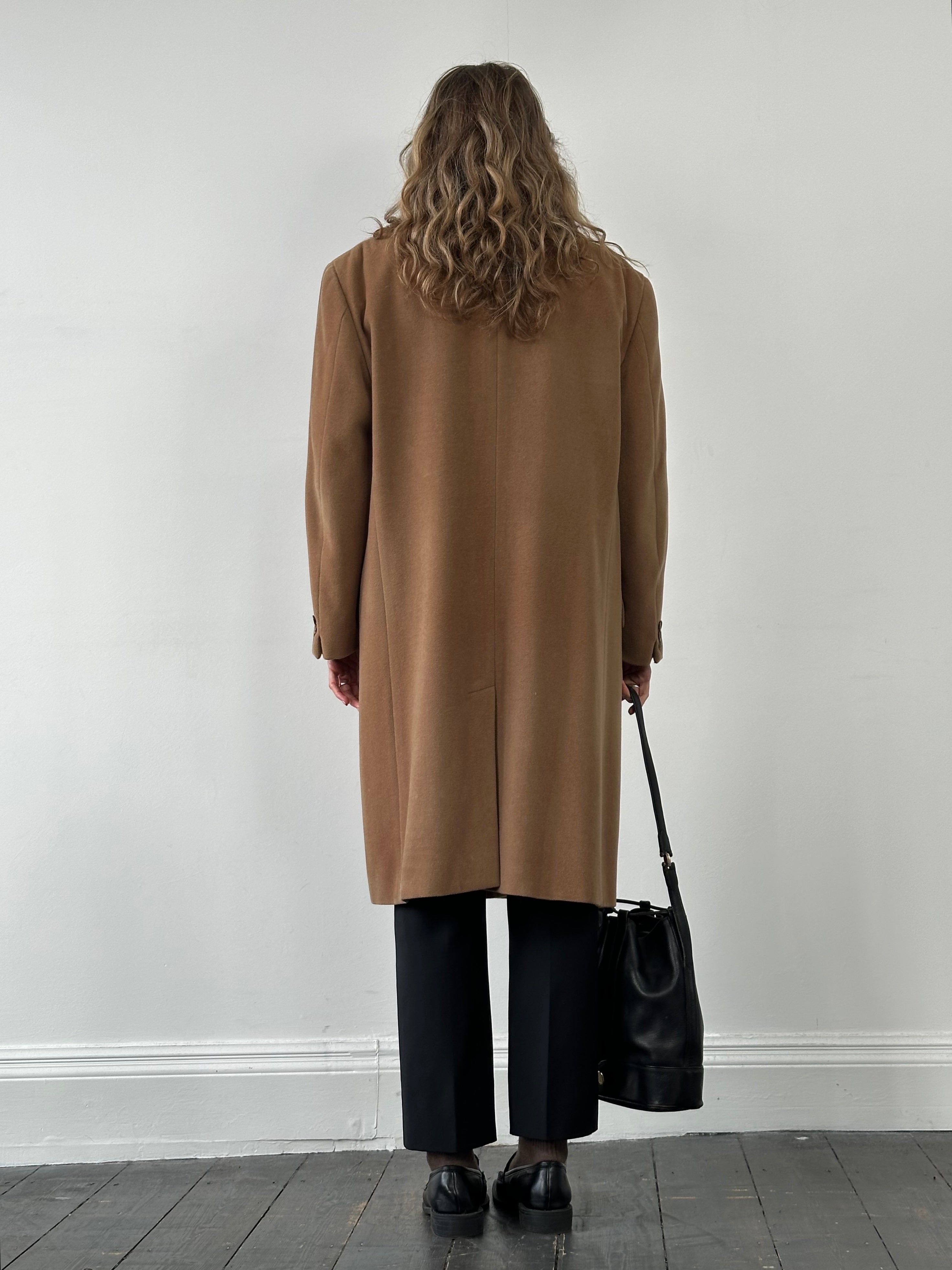 Giorgio Armani Le Collezioni wool cashmere single-breasted coat in XL, tailored fit, dark neutral color, displayed on a hanger.