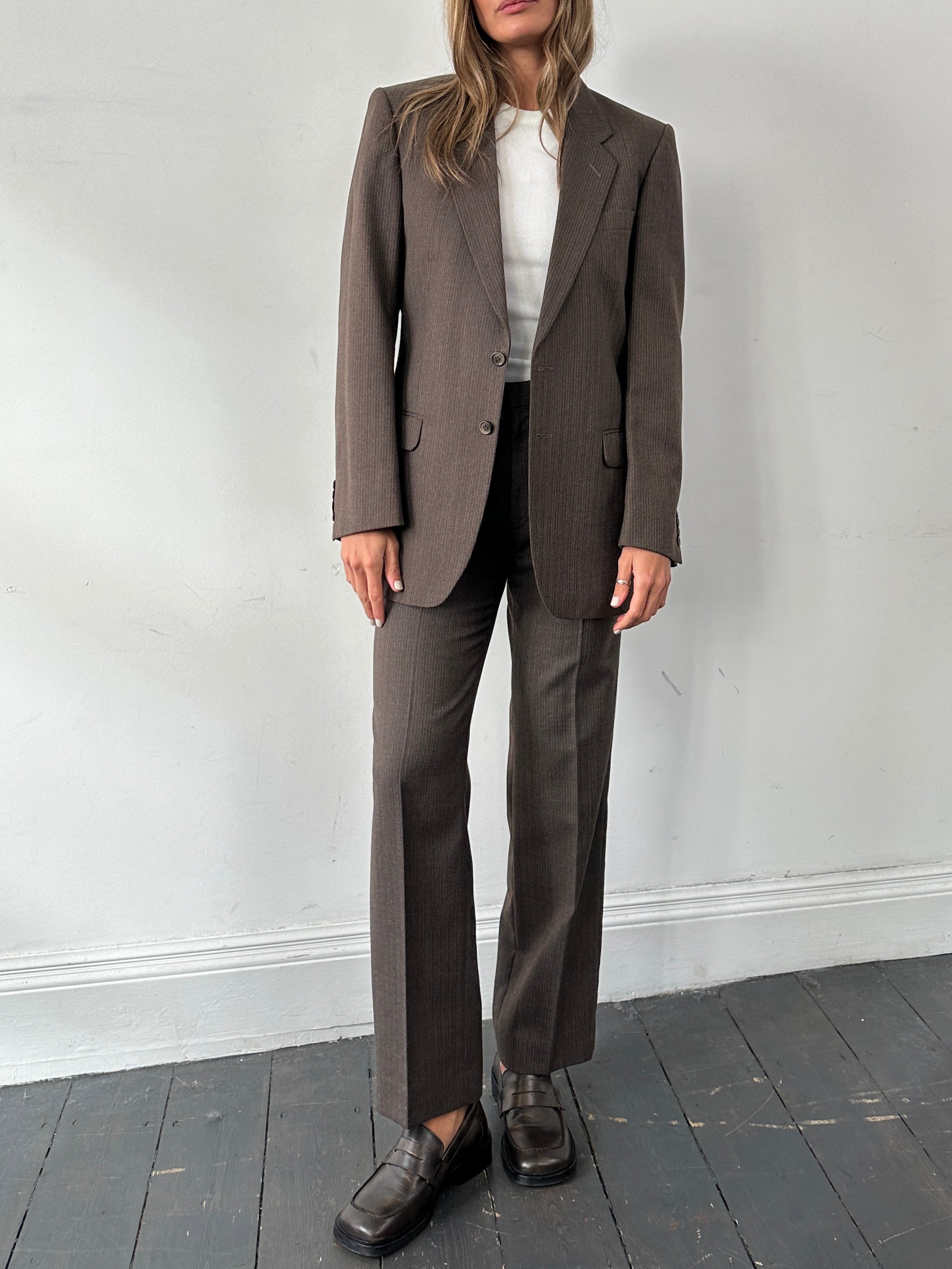 St Michael pinstripe worsted wool single-breasted suit jumpsuit in size 38R/W30, featuring tailored lapels and a classic fit.