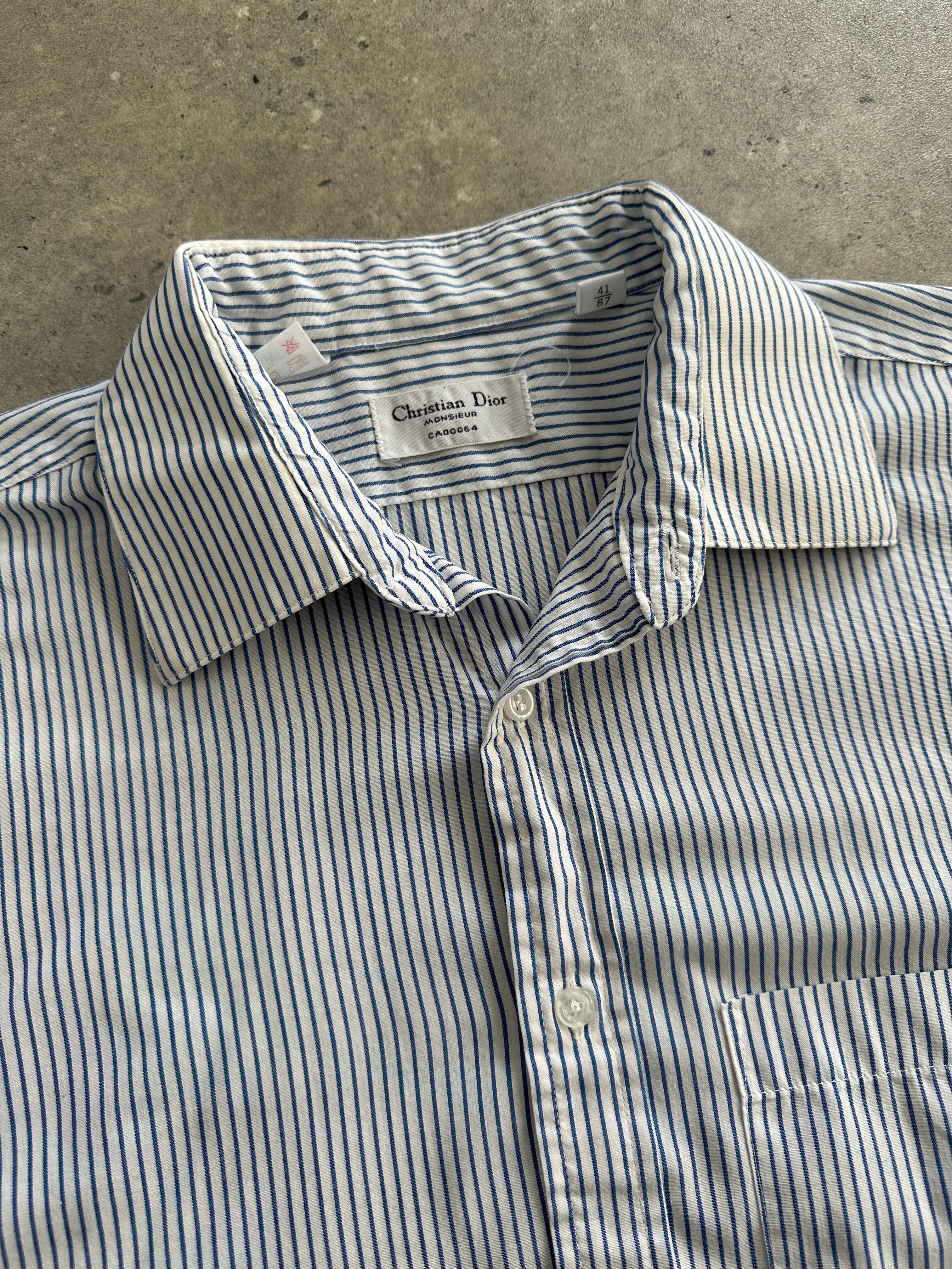 Christian Dior Monsieur stripe cotton shirt in size L, featuring a classic button-up design with blue and white vertical stripes.