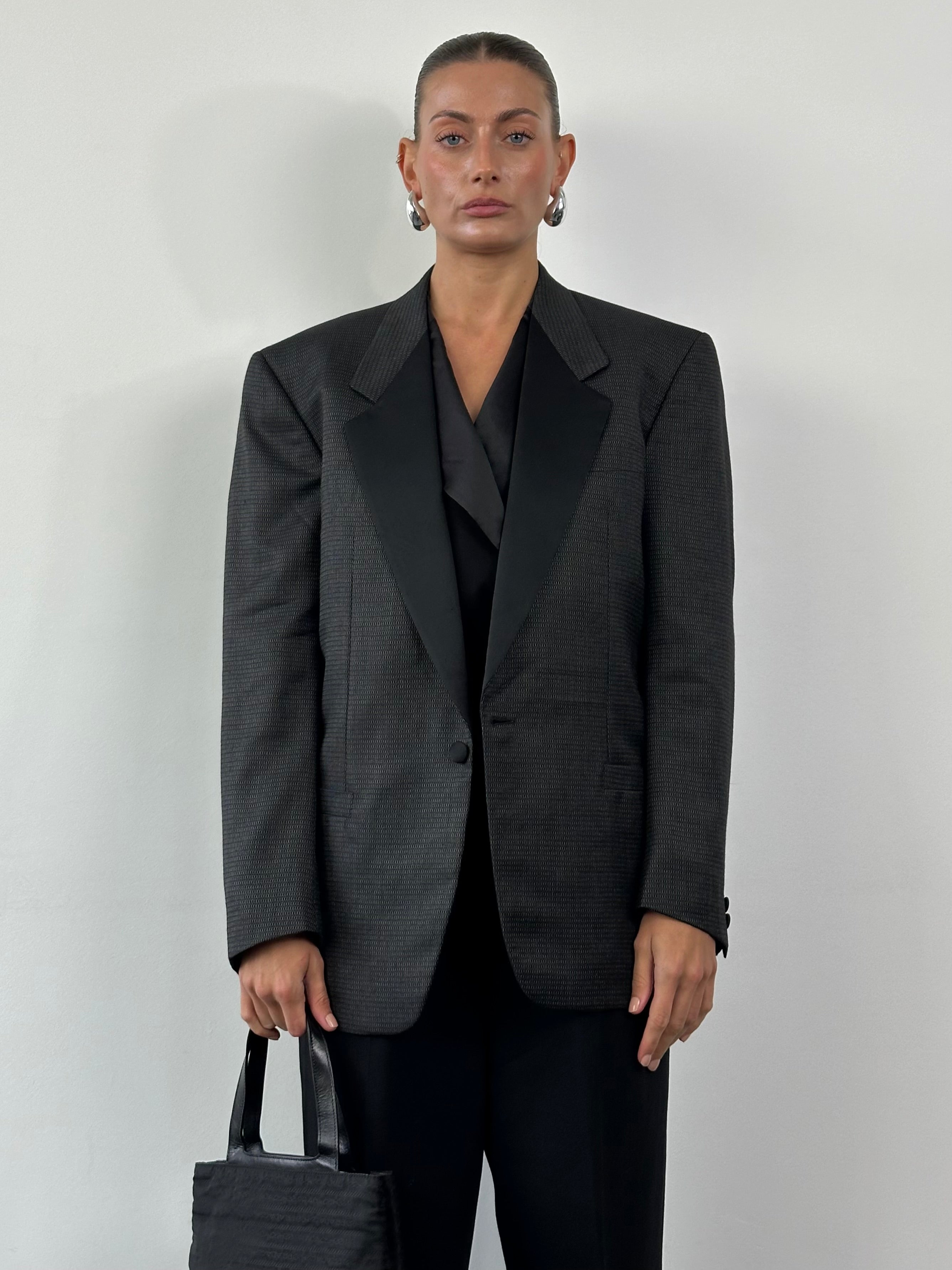 Yves Saint Laurent Diffusion Hommes 1980s wool silk tuxedo blazer, single button, in size 38R/M, black with satin lapel.