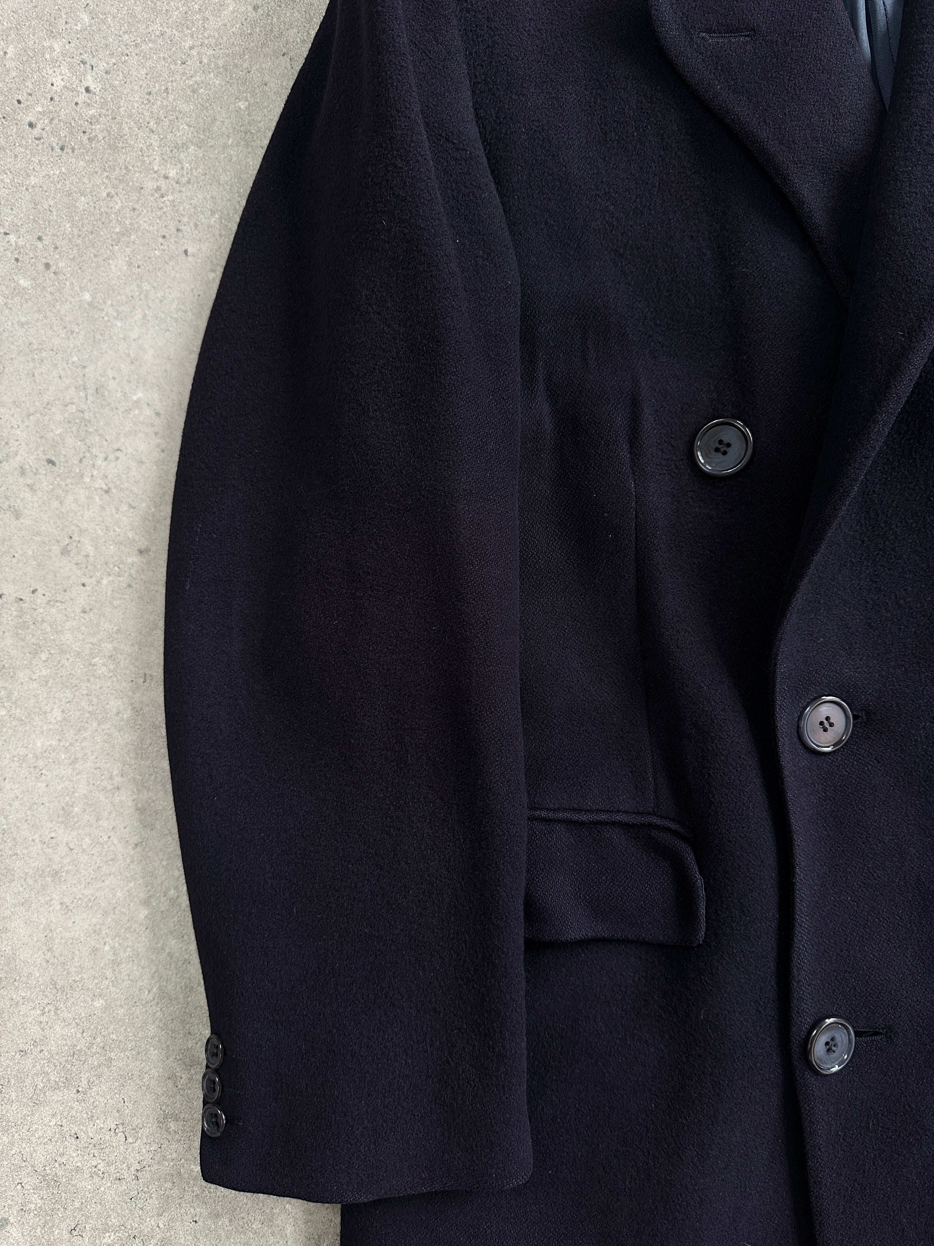 Vintage Harrods x Berwin & Berwin 1980s pure cashmere double-breasted coat in XL, shown hanging with classic tailored design.