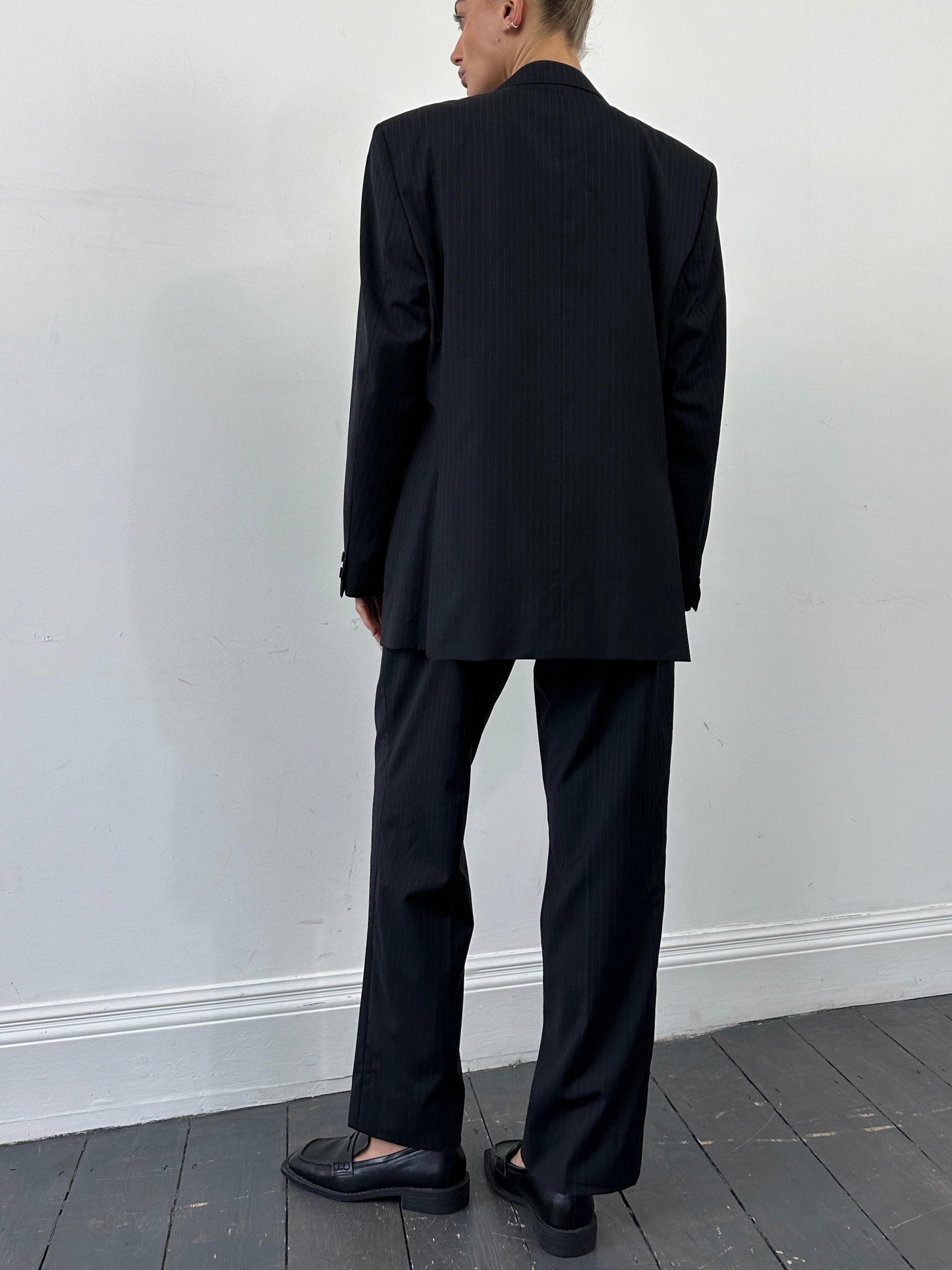 Gianfranco Ferre pinstripe pure wool single-breasted jumpsuit, size 42R/W36, with tailored fit and classic lapel design.