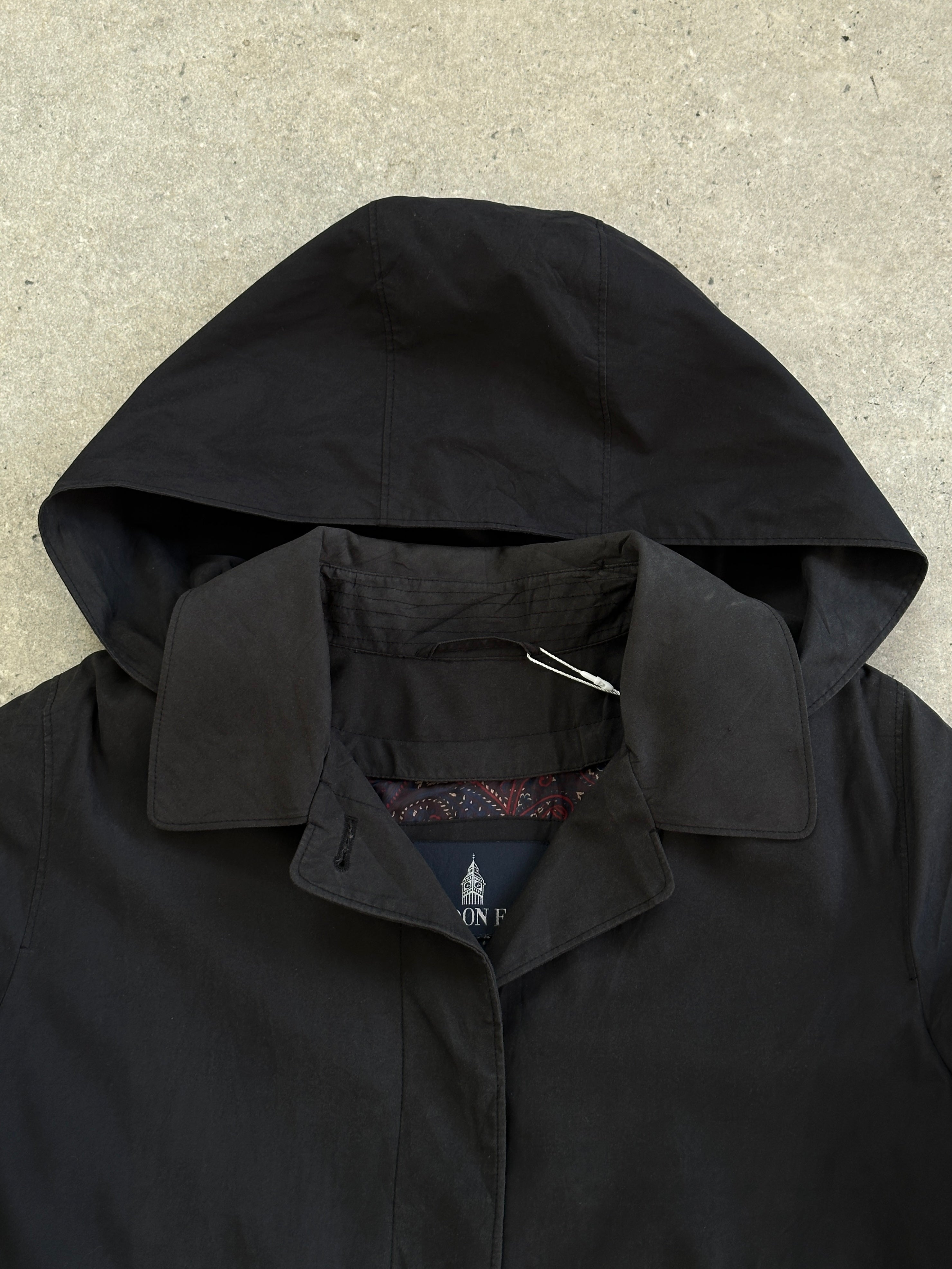 London Fog concealed placket hooded trench coat in size M, showing front view with hood and classic trench design.