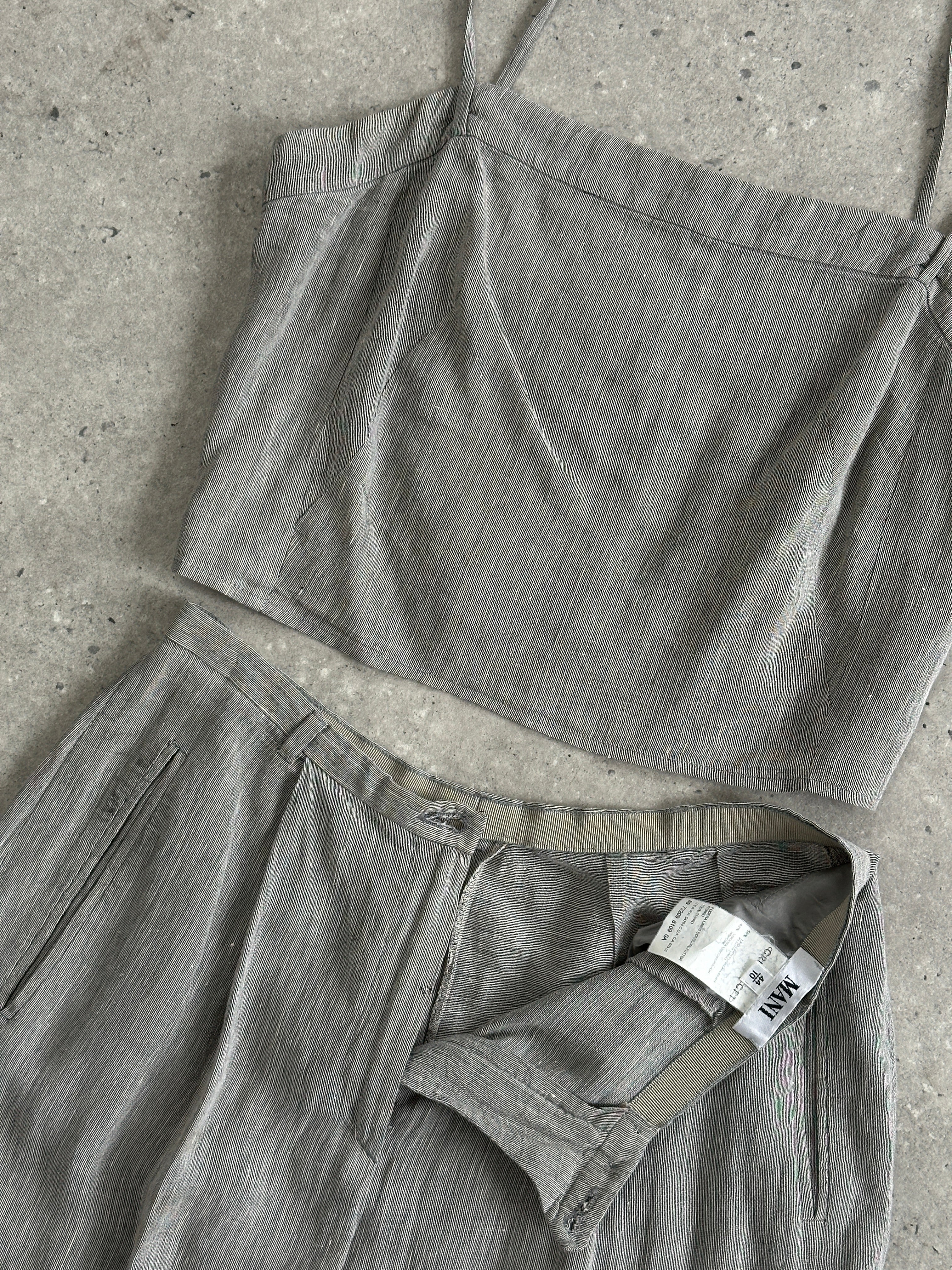 Mani linen two-piece top and trouser co-ord set in beige, featuring relaxed fit trousers and a matching sleeveless top.