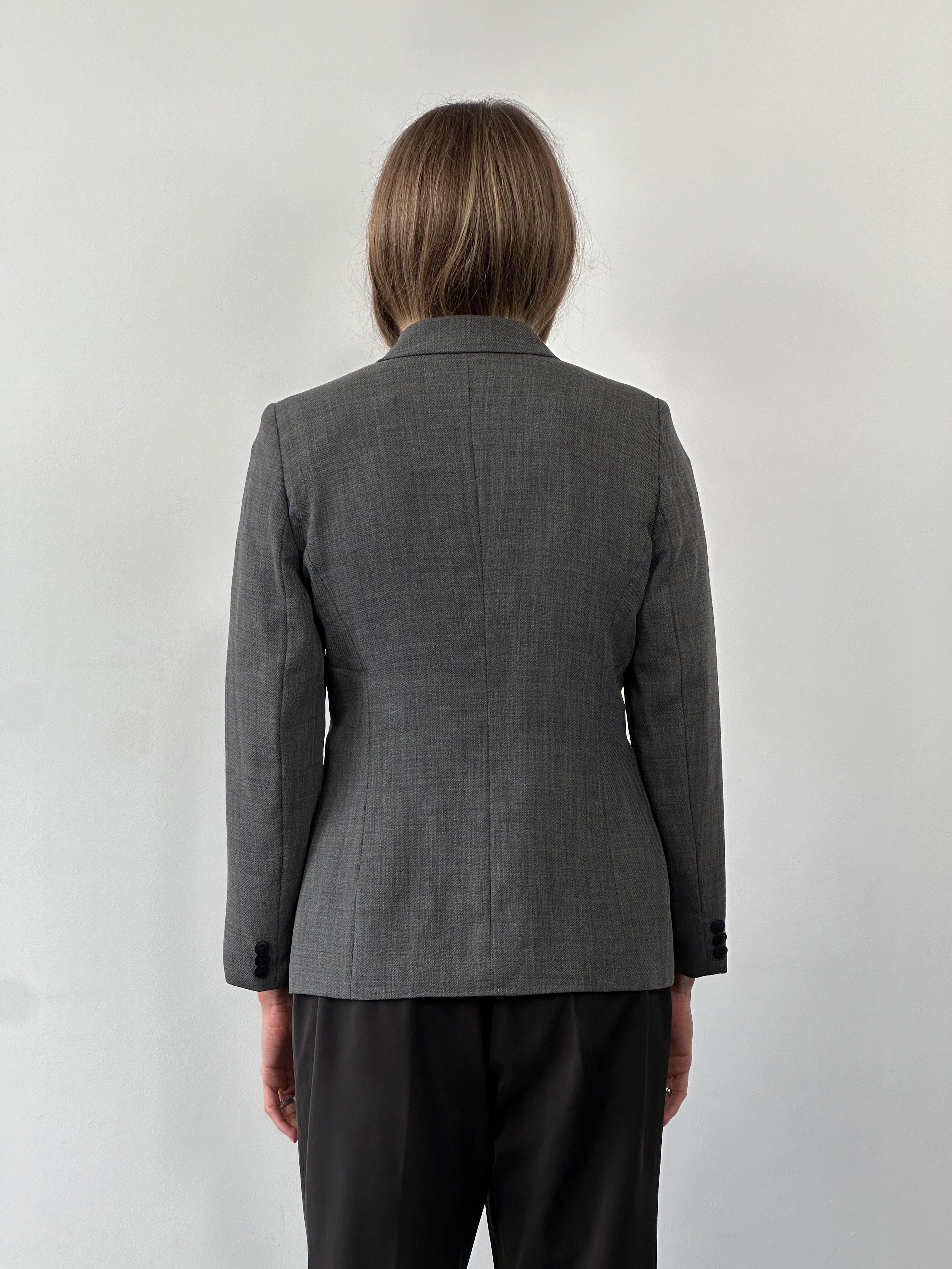 Max Mara wool double-breasted blazer in size S, tailored fit, classic design, shown on a hanger.