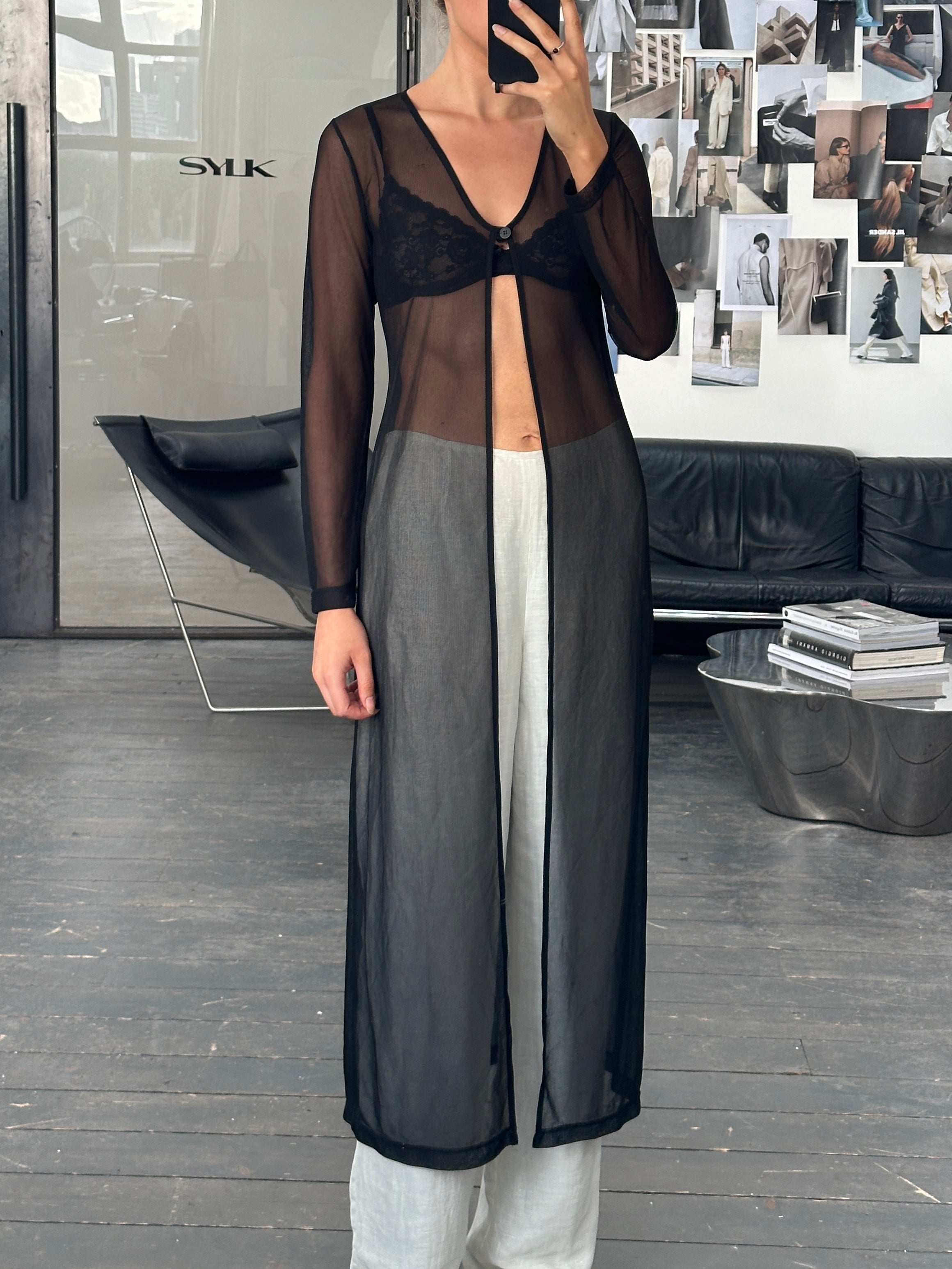 Vintage 2000s sheer floor-length cardigan in size S/M, lightweight and transparent, with an open front and long sleeves.