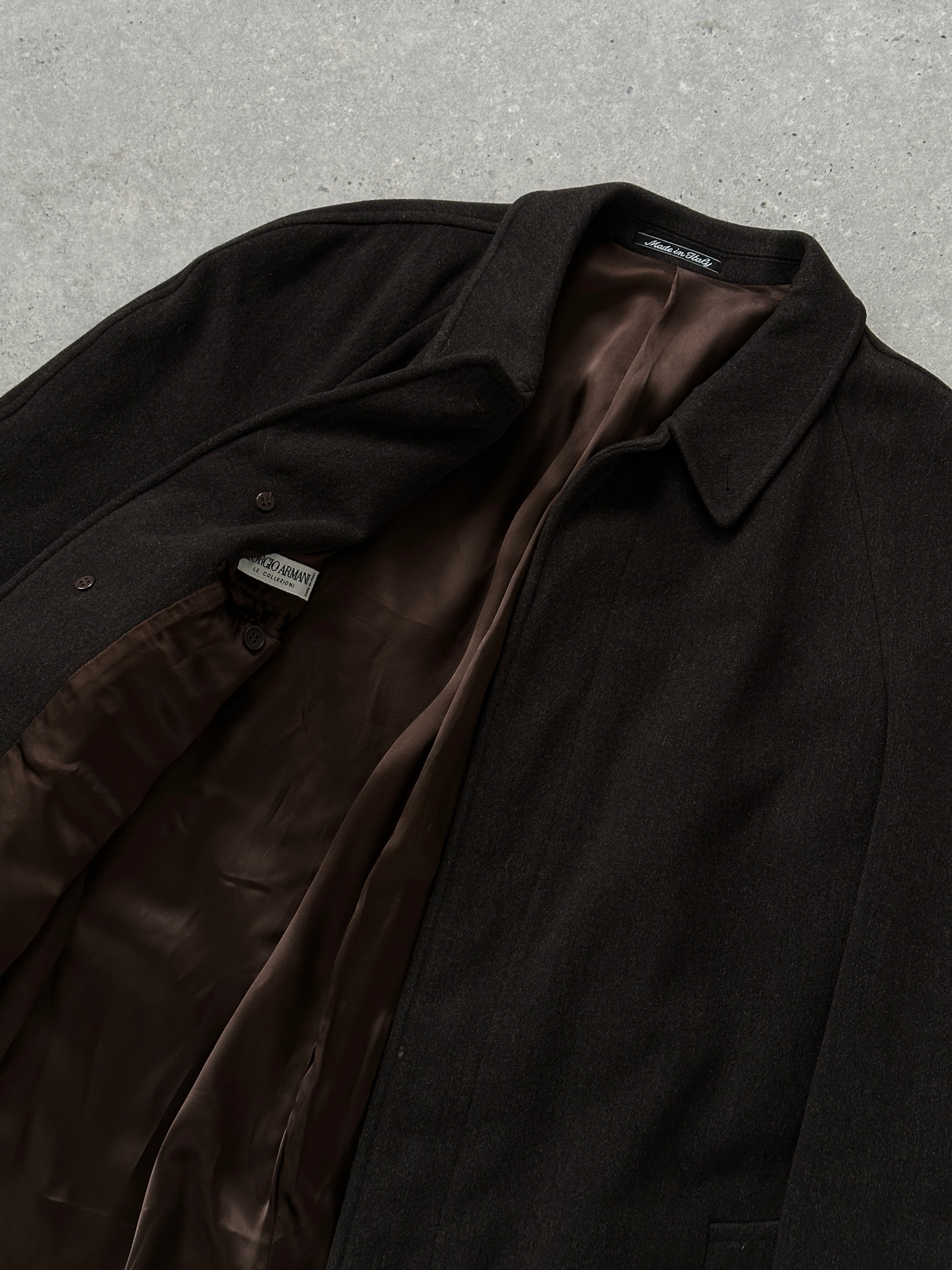 Giorgio Armani Le Collezioni wool coat with concealed placket in XL, showing a stylish, tailored coat with classic design and neutral color.
