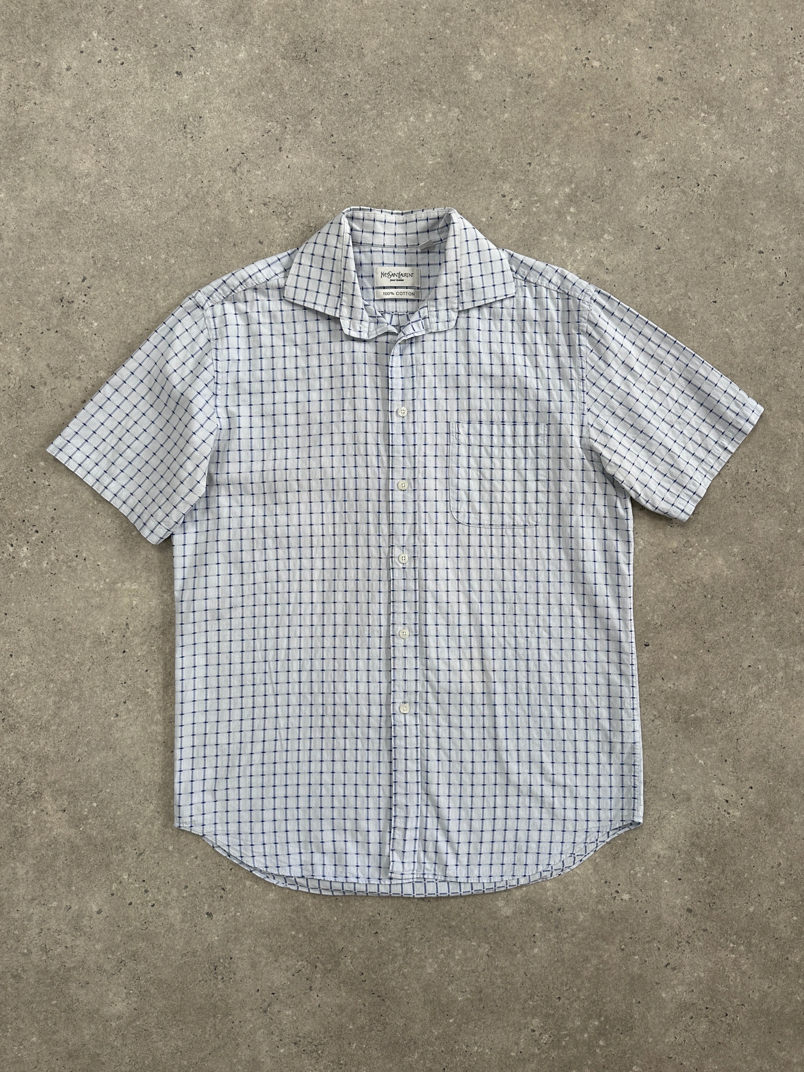 Yves Saint Laurent Pour Homme check short sleeve cotton shirt in size L with logo detail, classic men's casual shirt.