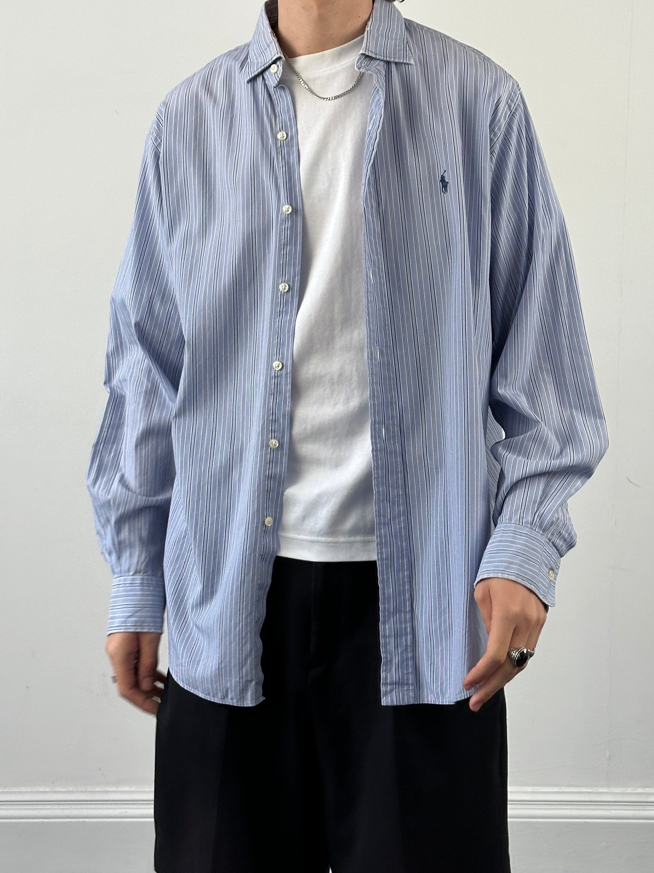 Ralph Lauren men's stripe pure cotton shirt in XL, featuring classic design and button-down collar, displayed on a hanger.