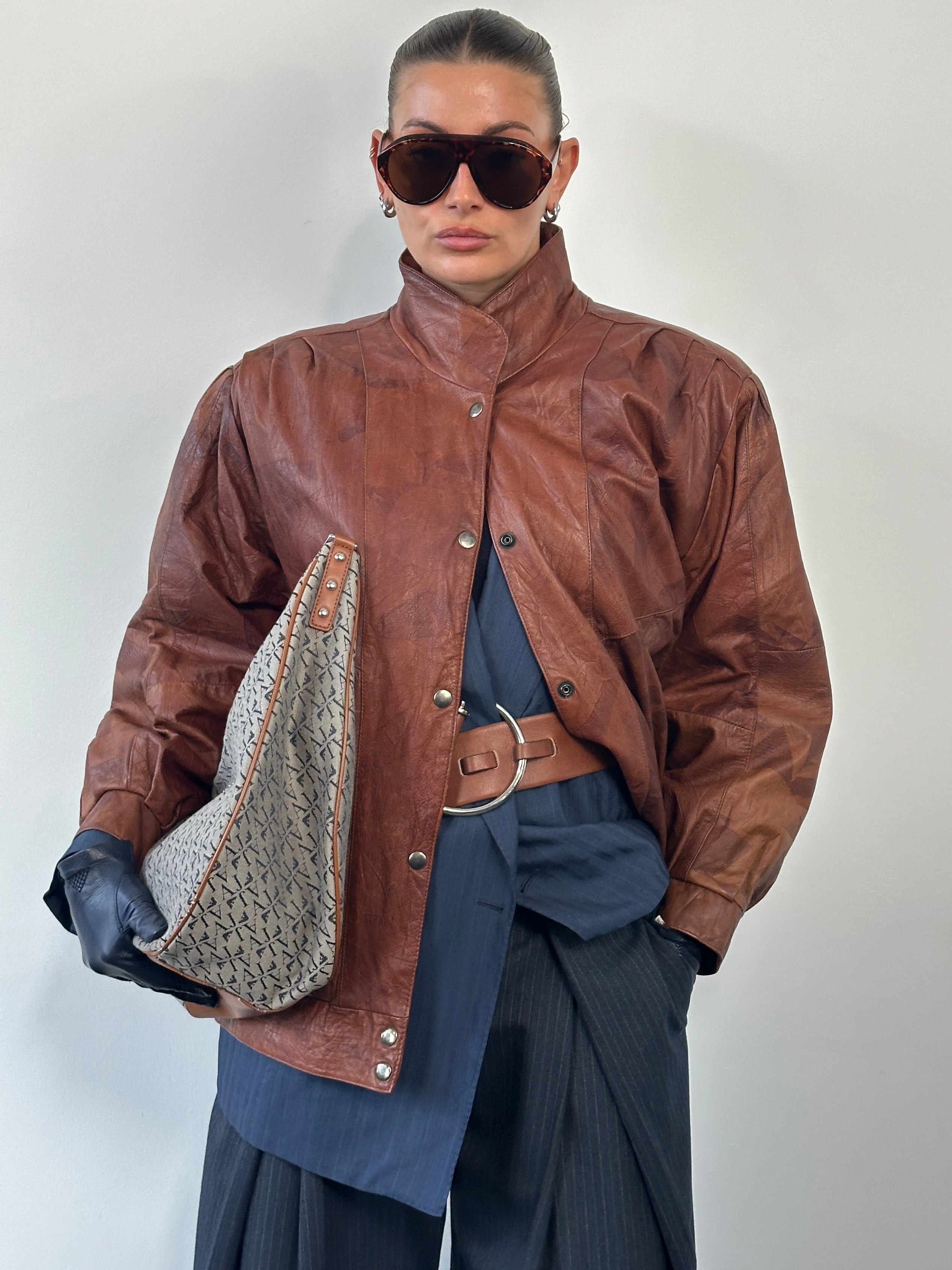Vintage 1980s High Neck Leather Bomber Jacket - SYLK