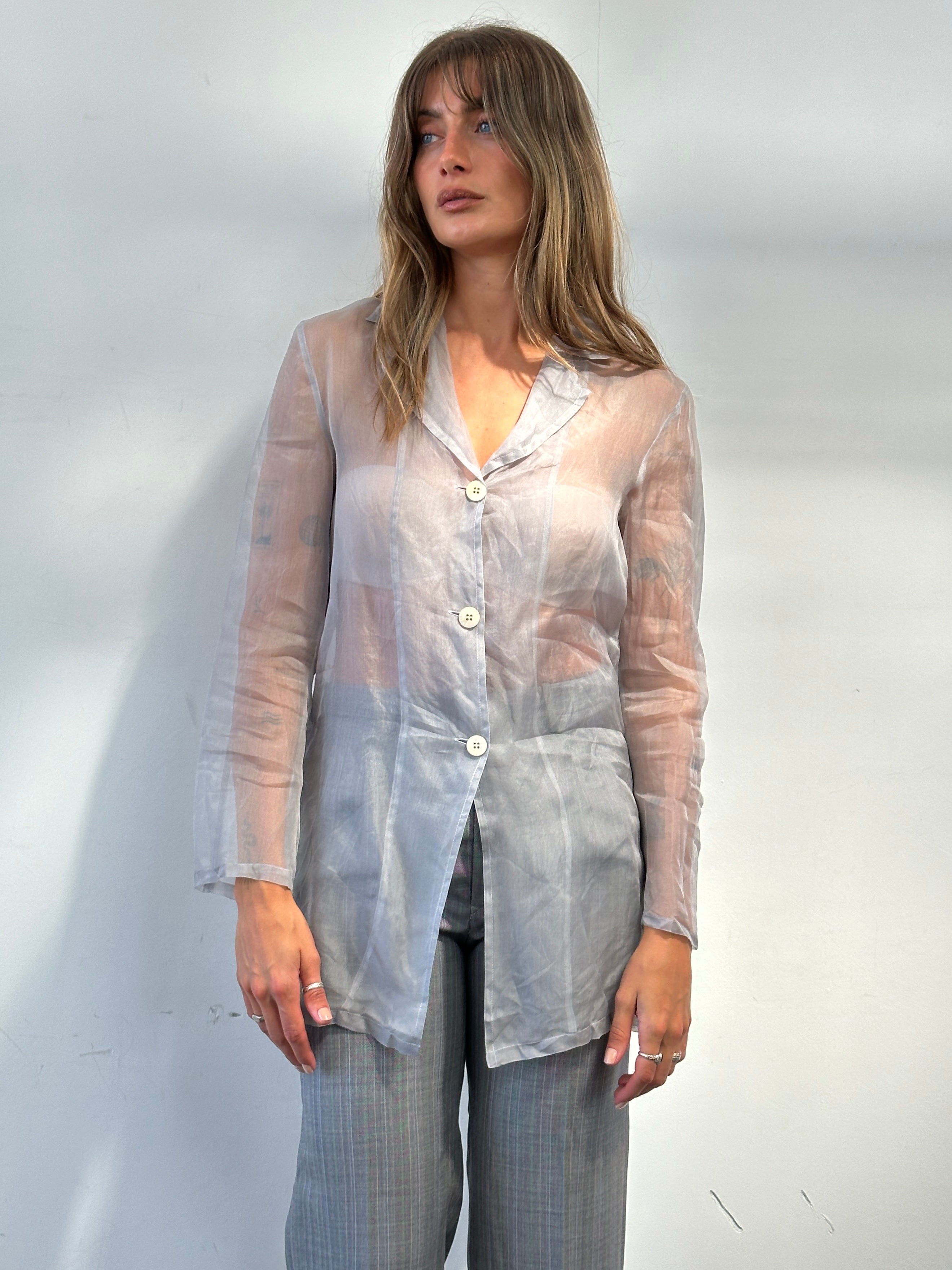 MAX & Co sheer organza shirt in size S, lightweight and transparent with a delicate collar and button details.