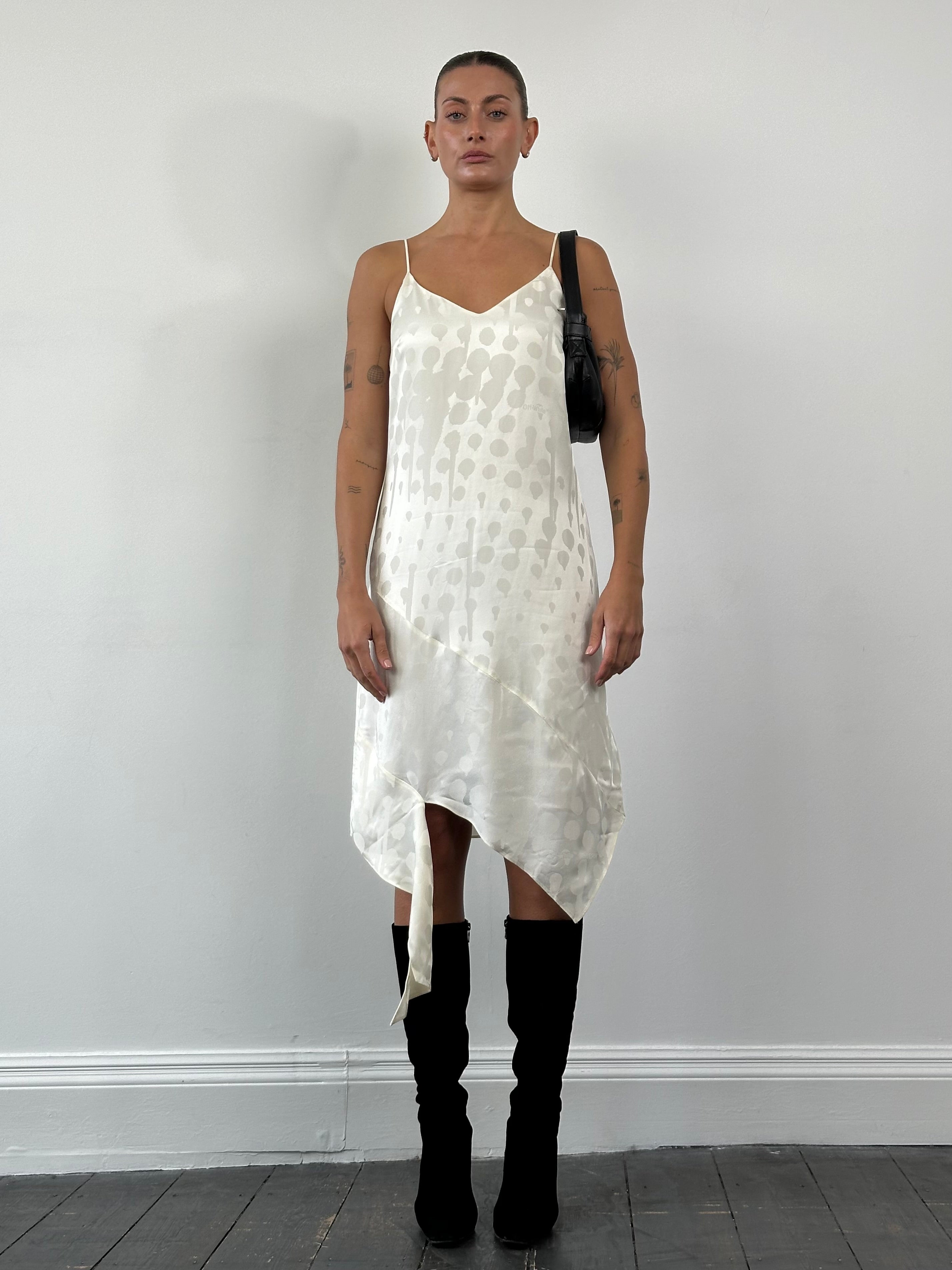 Off-White two-piece cami and shirt dress set in patterned fabric, featuring a sleeveless cami and a button-up shirt dress.