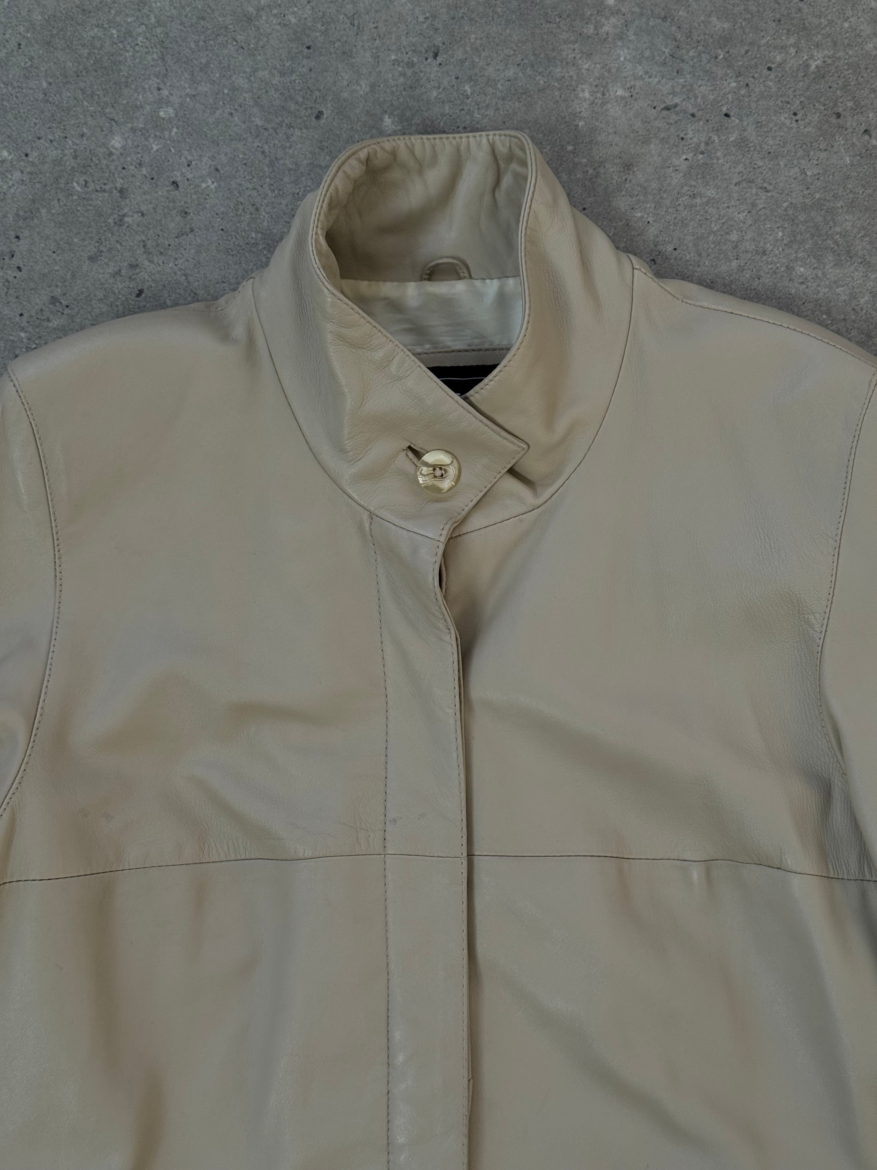 Vintage 1990s high neck leather trench coat, M/L size, featuring classic black leather and a stylish high neckline.