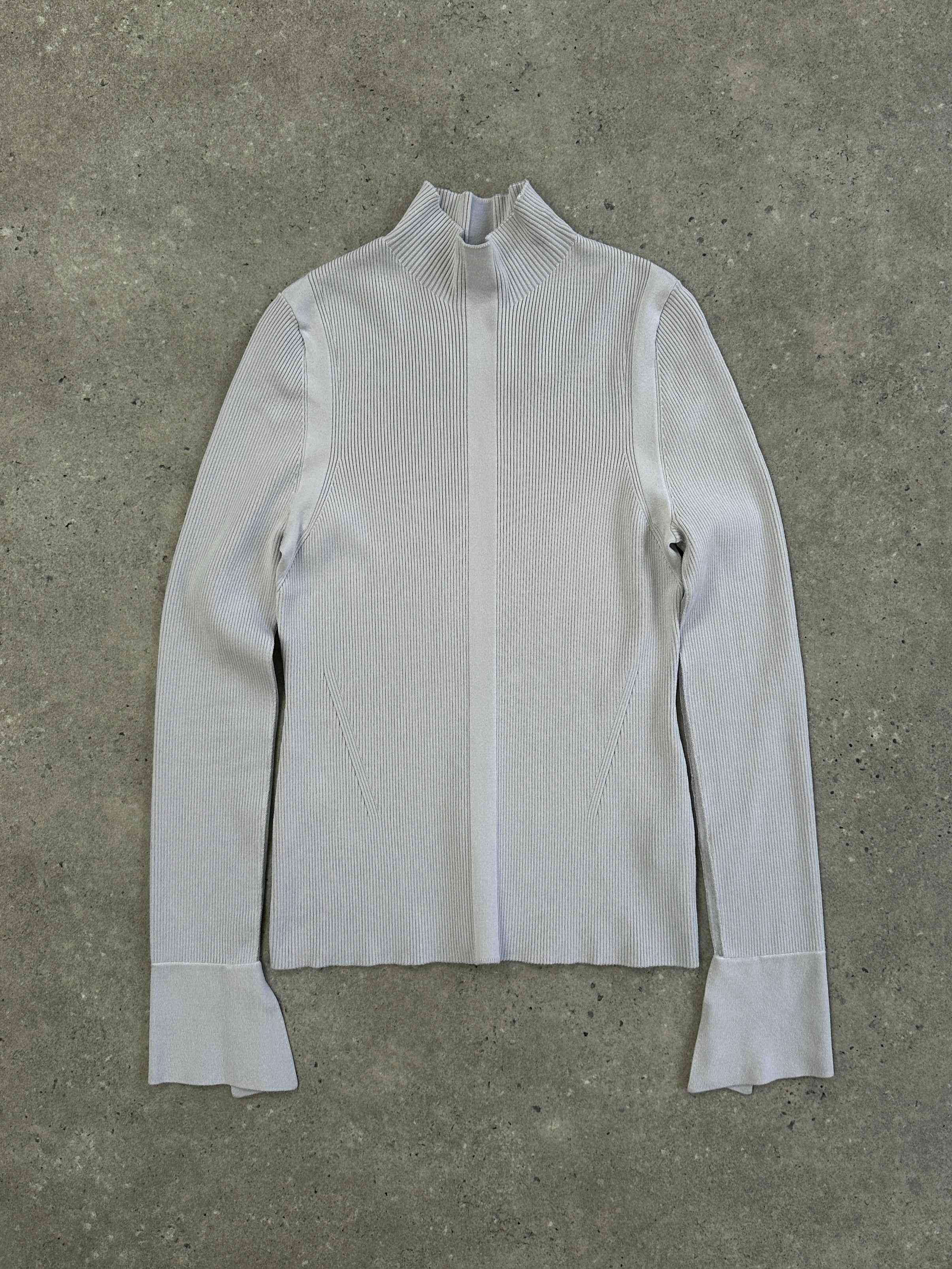 Hugo Boss mock neck ribbed jumper in size M, featuring a fitted design and textured knit fabric, displayed on a neutral background.