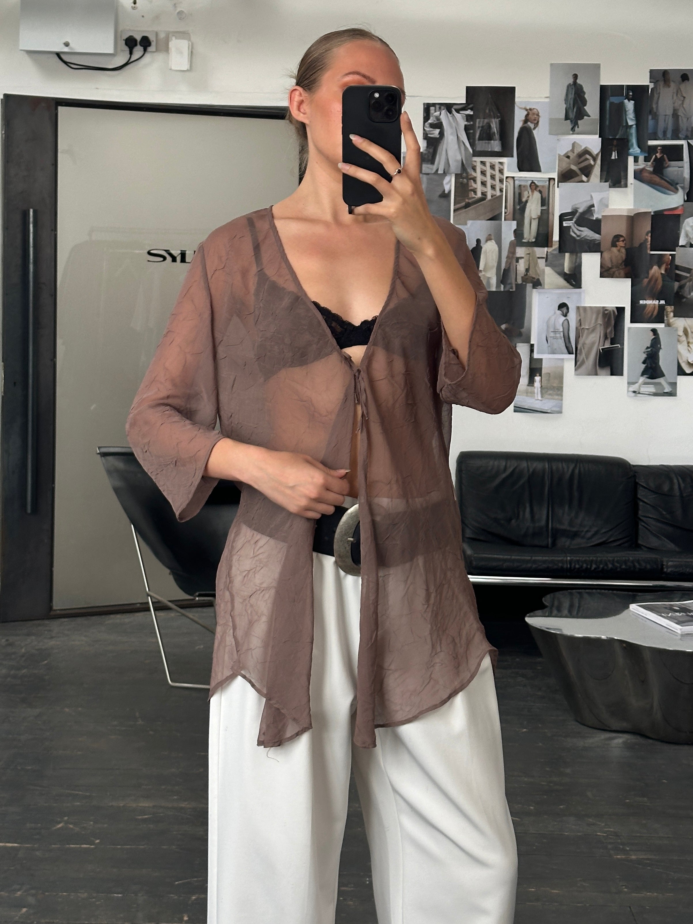 Vintage 1990s Italian sheer kaftan cardigan in size M, featuring lightweight, flowing fabric with intricate vintage details.