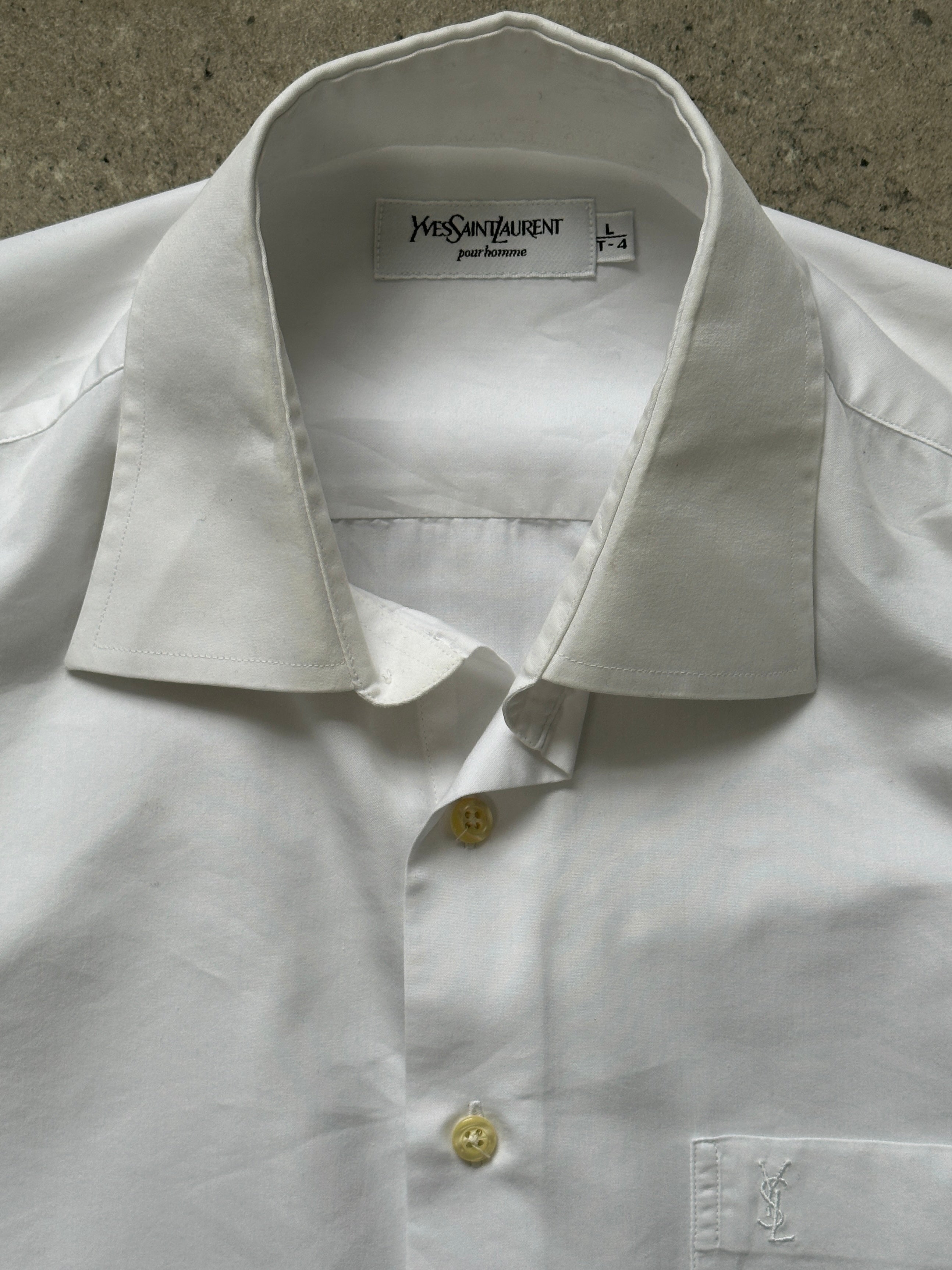 Yves Saint Laurent Pour Homme 1990s cotton logo shirt, men's size M/L, white shirt with YSL branding and classic collar.