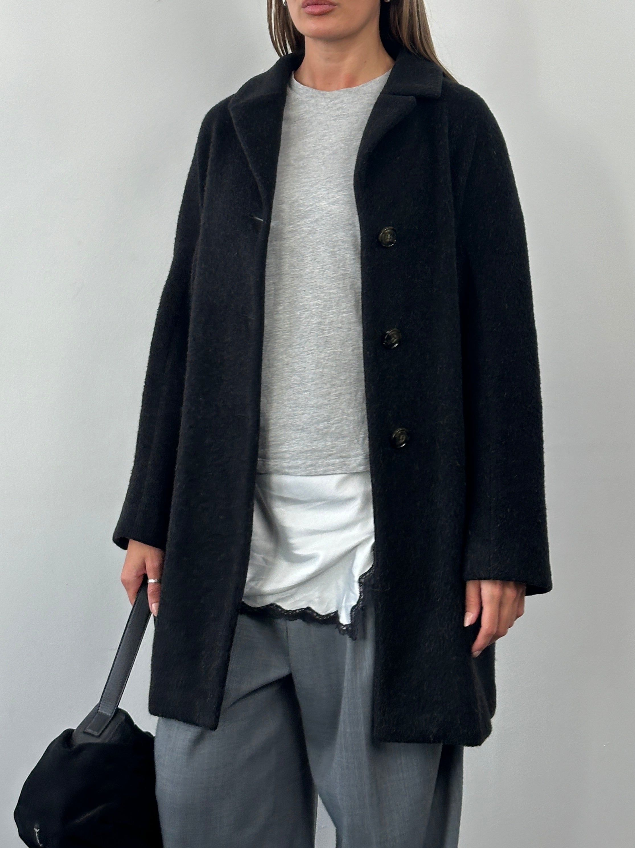 Max Mara Weekend 1990s wool and mohair single-breasted coat in gray, displayed on a hanger with a classic collar and tailored fit.
