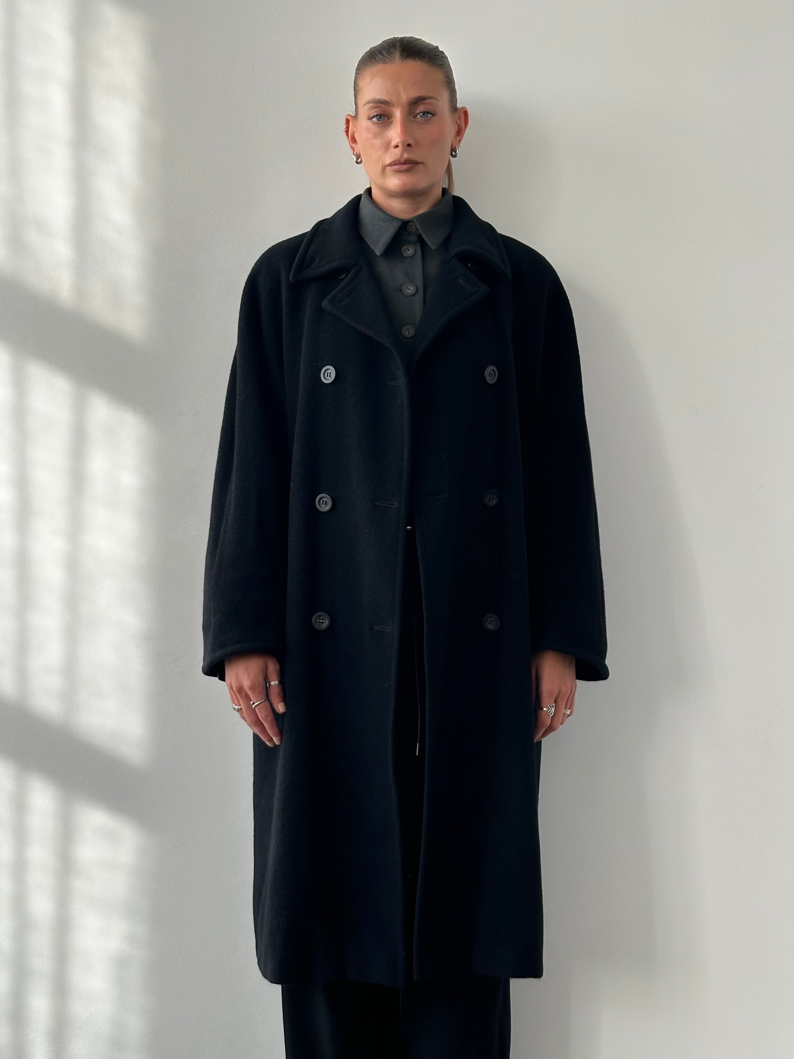 Marella virgin wool cashmere double-breasted coat in XL, shown on a hanger with a tailored fit and classic design.