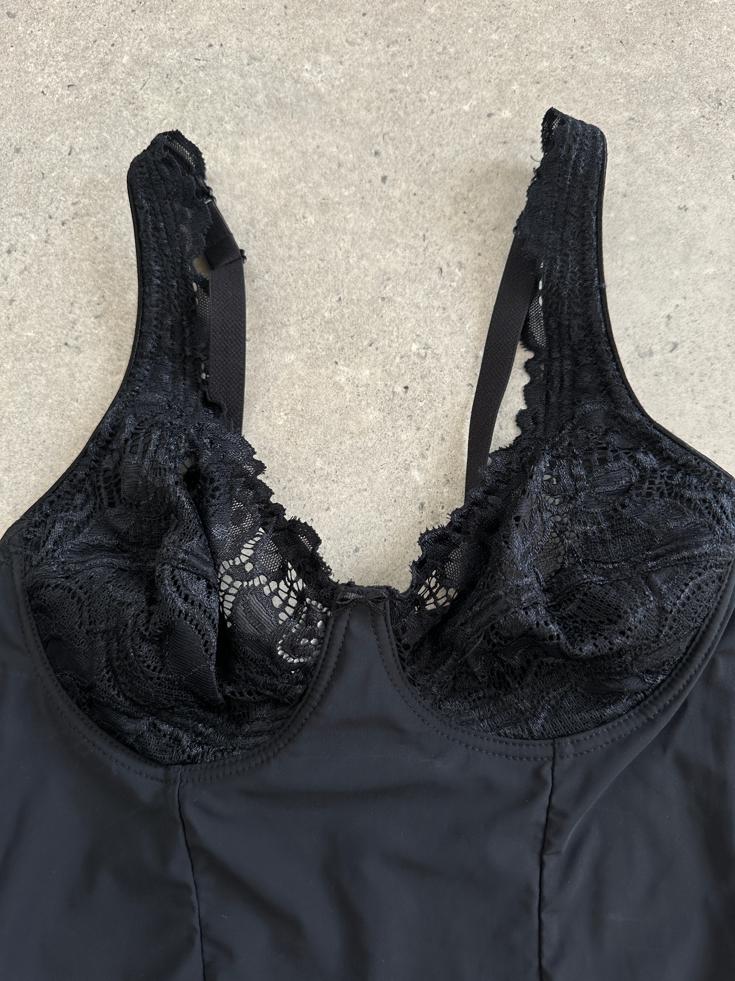 Vintage 2000s satin lace bodysuit top in size small, featuring elegant lace details and smooth satin fabric.