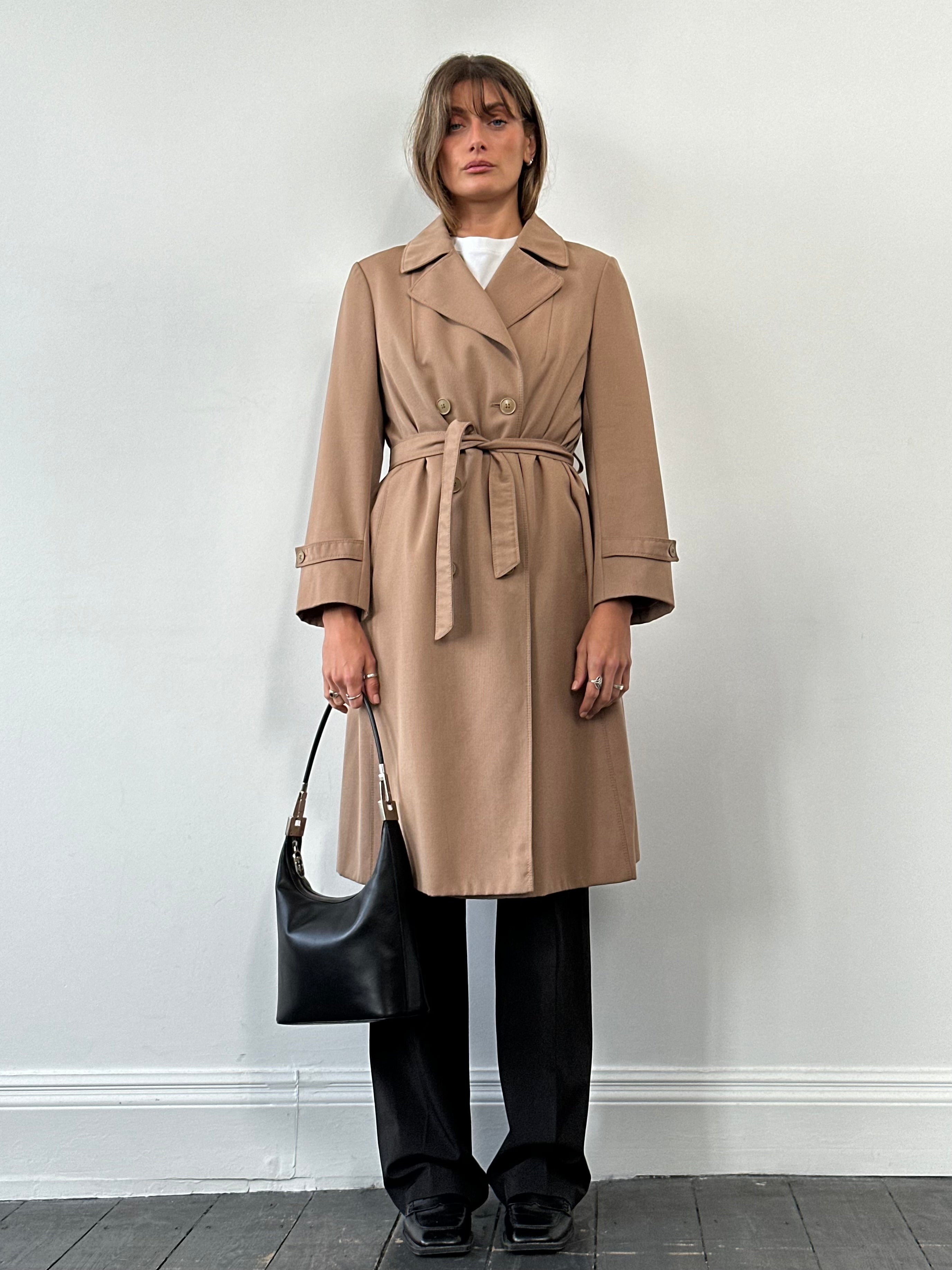 Vintage pure virgin wool double-breasted belted trench coat, tailored fit, classic style, shown on a mannequin.