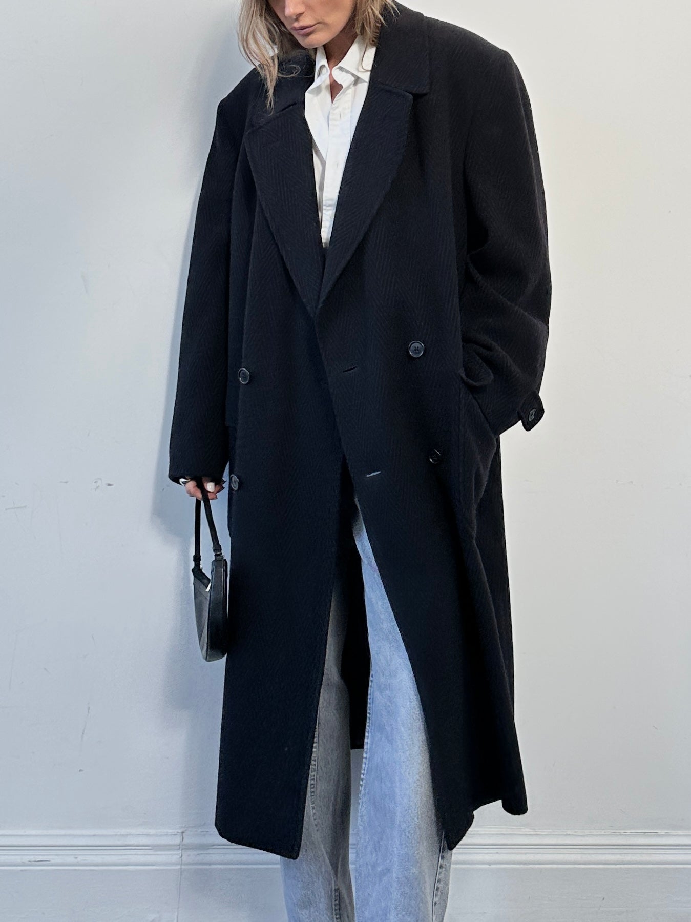 Valentino wool herringbone double-breasted coat in XL/XXL displayed on a hanger, showcasing classic pattern and tailored fit.