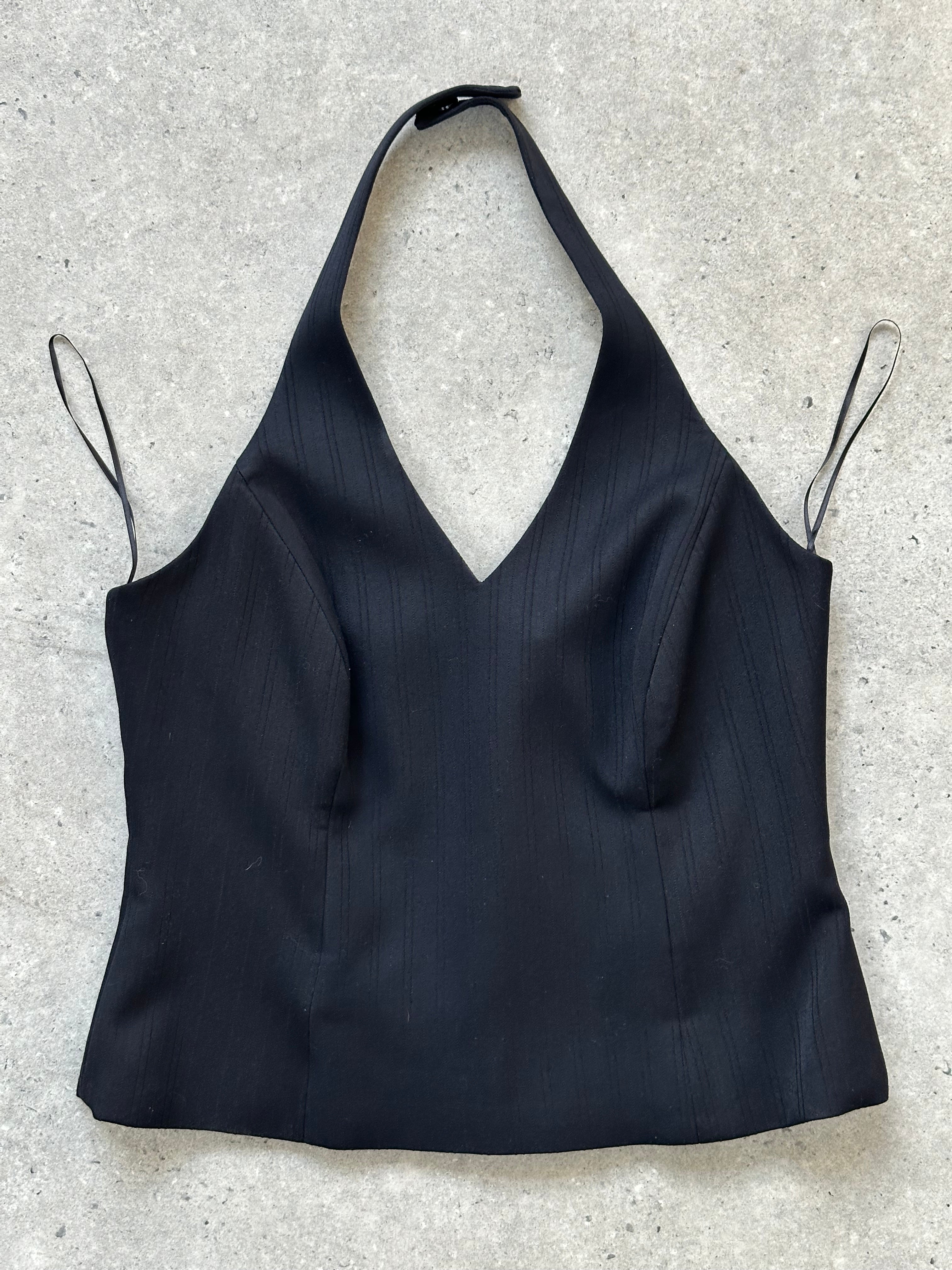 Vintage 2000s structured halterneck tank top, size large, with fitted design and classic style, displayed on a plain background.