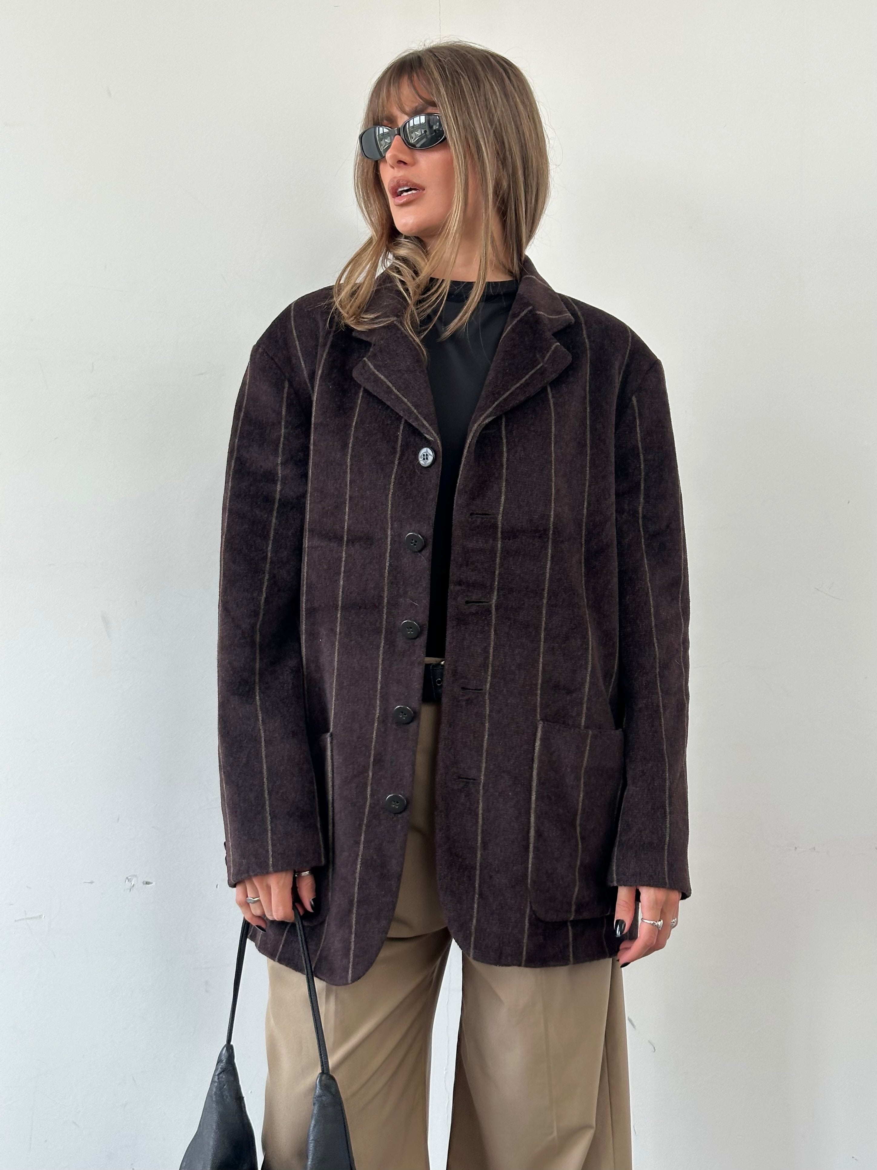 Emporio Armani wool fuzzy stripe blazer coat in size 42R/XL, featuring a stylish striped pattern and tailored fit.