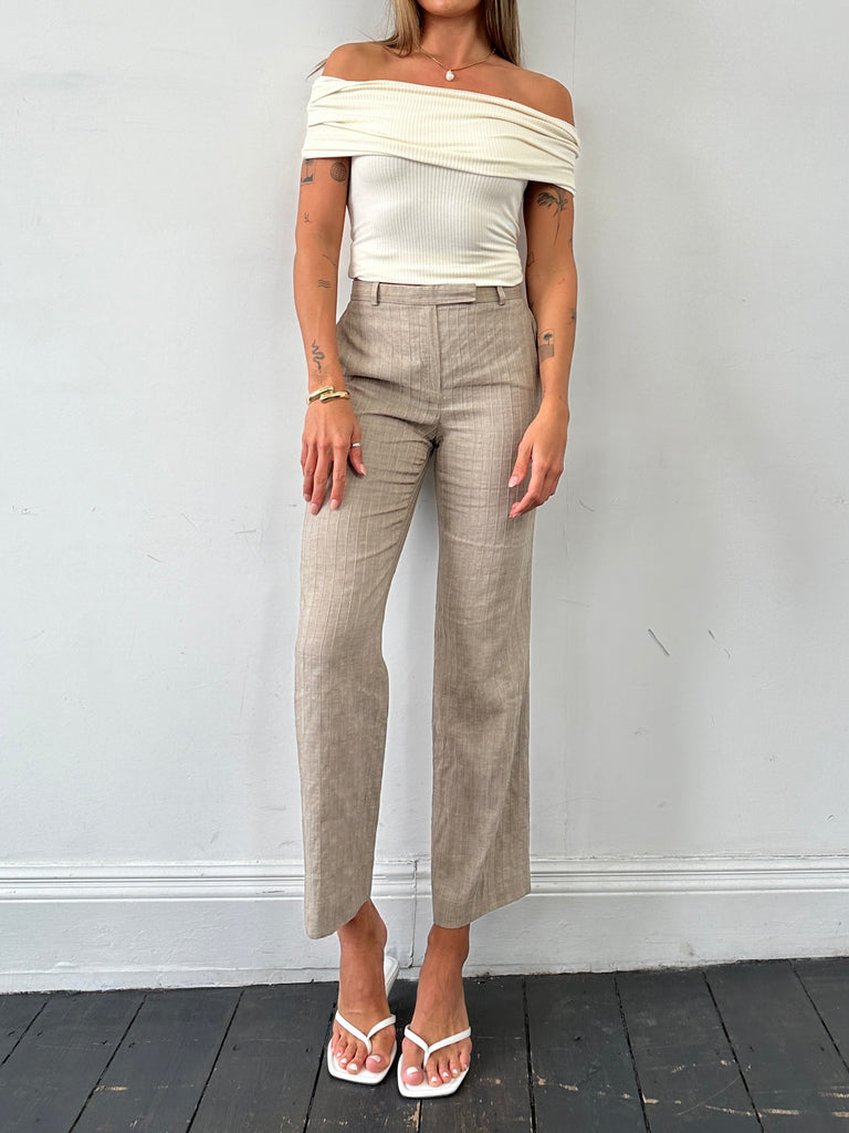 Armani Collezioni Cotton Linen Stripe Mid Rise Straight Leg Trousers - W26 - SYLK