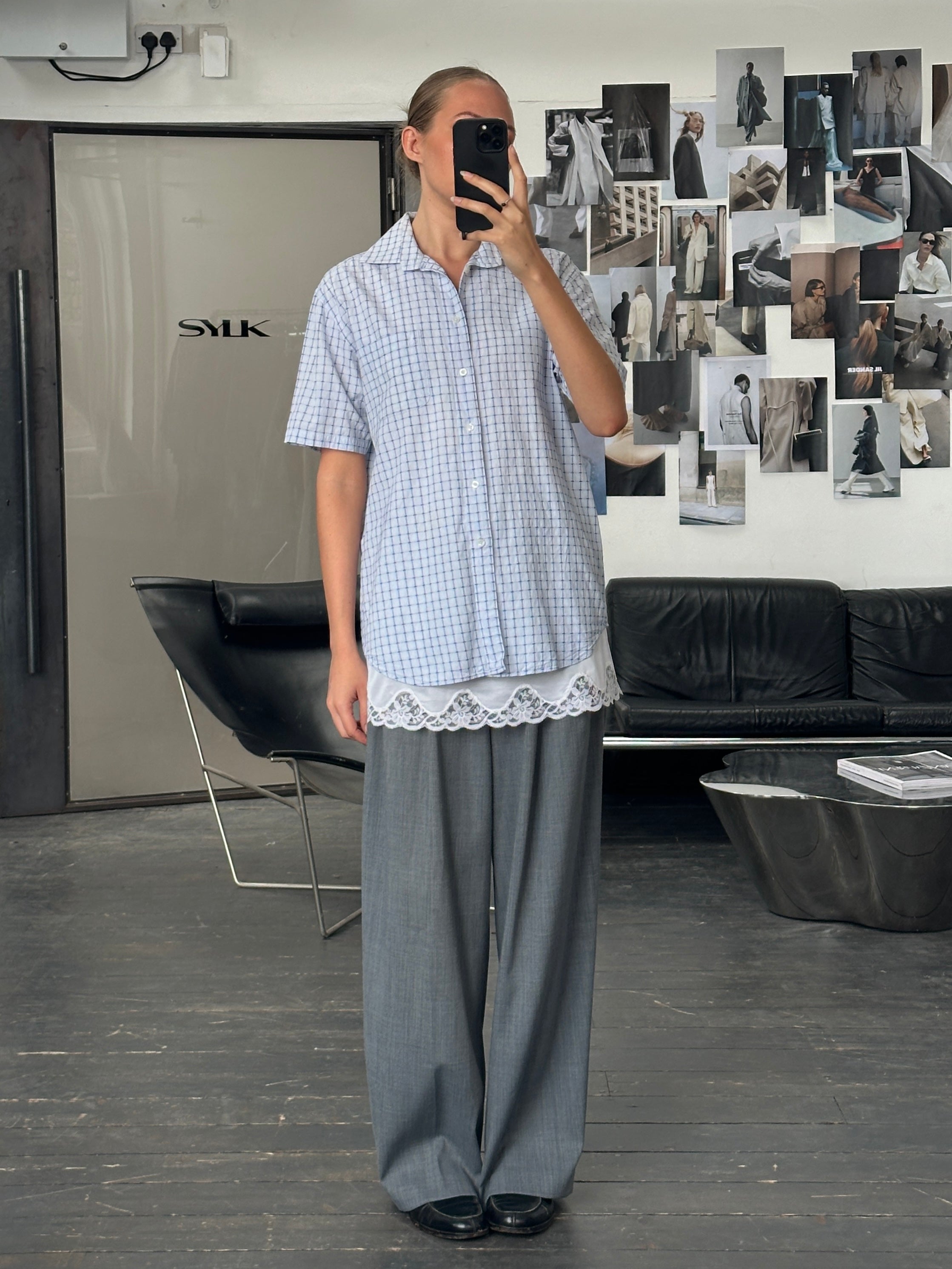 Yves Saint Laurent Pour Homme check short sleeve cotton shirt in size L, featuring the classic logo and button front design.