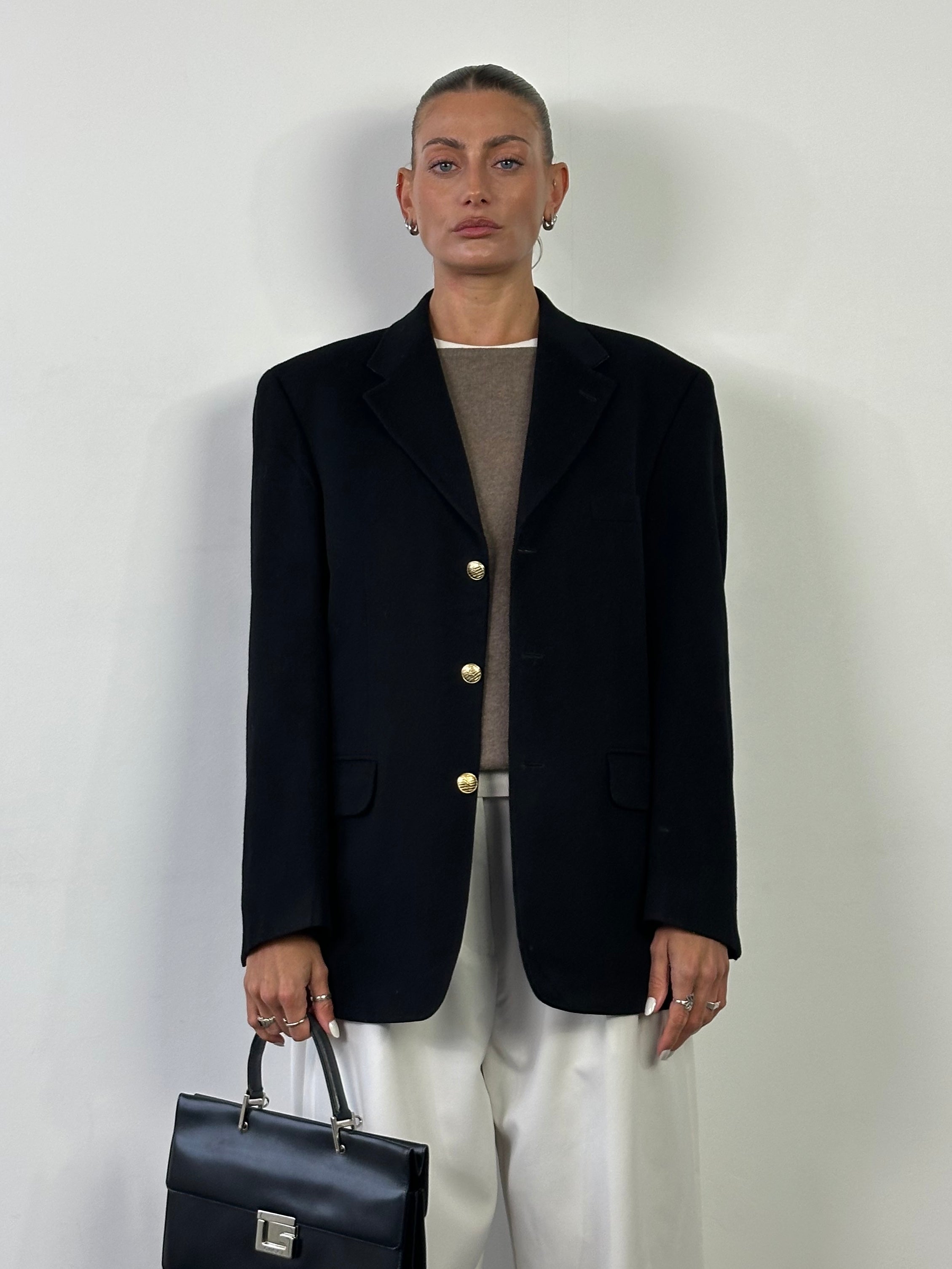Yves Saint Laurent men's brushed wool and cashmere blazer, 38R, with bespoke buttons, 1990s style, tailored fit, in navy color.