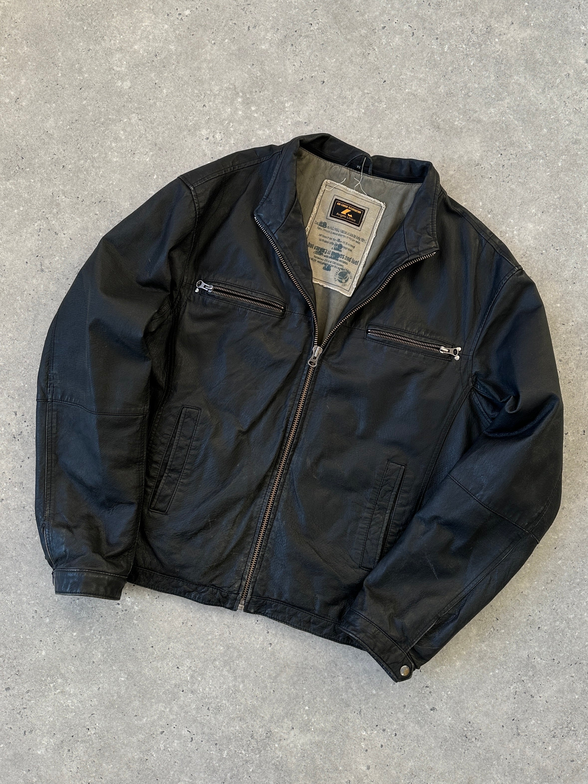 Vintage brand vintage leather zip-up jacket, size large, featuring classic design and detailed stitching on the front.