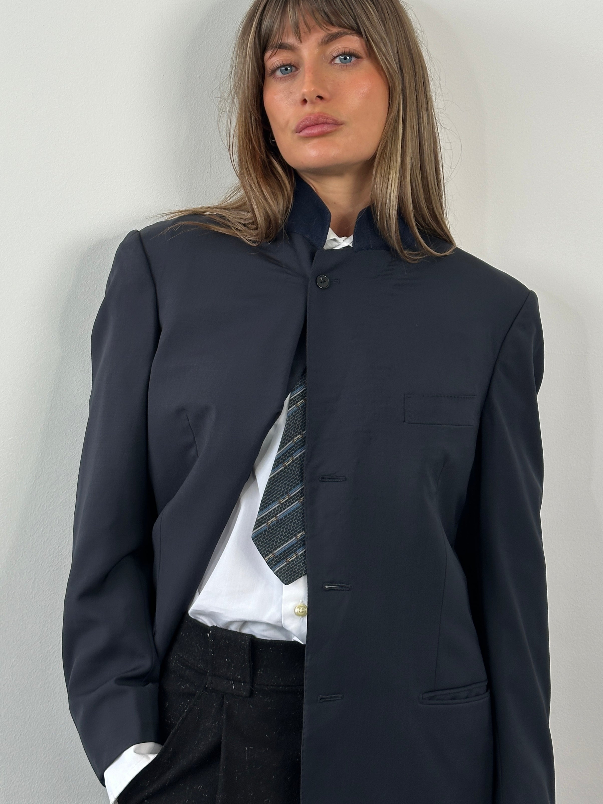 Yves Saint Laurent Pour Homme 1990s pure wool high neck blazer in size 38R/M, tailored fit with a classic high collar.