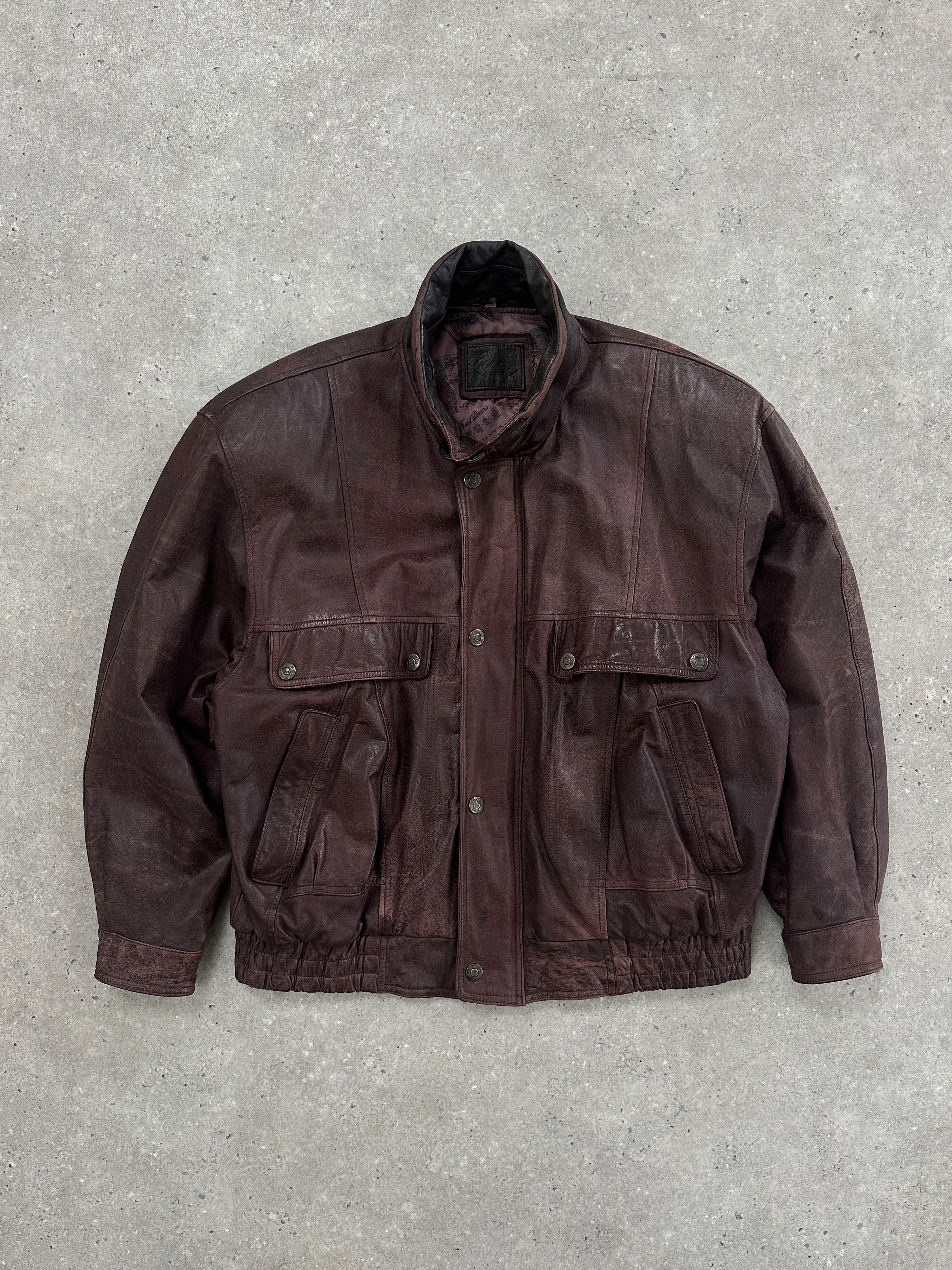 Vintage high neck mottled leather bomber jacket in XL, featuring a textured leather design and classic bomber style.