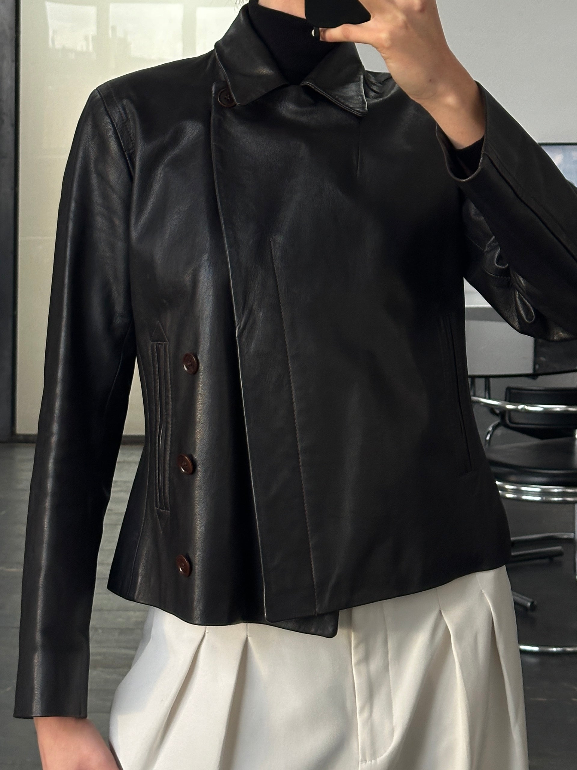 Nicole Farhi 1990s leather jacket, women's size S, black leather with classic collar and zip closure, casual and stylish design