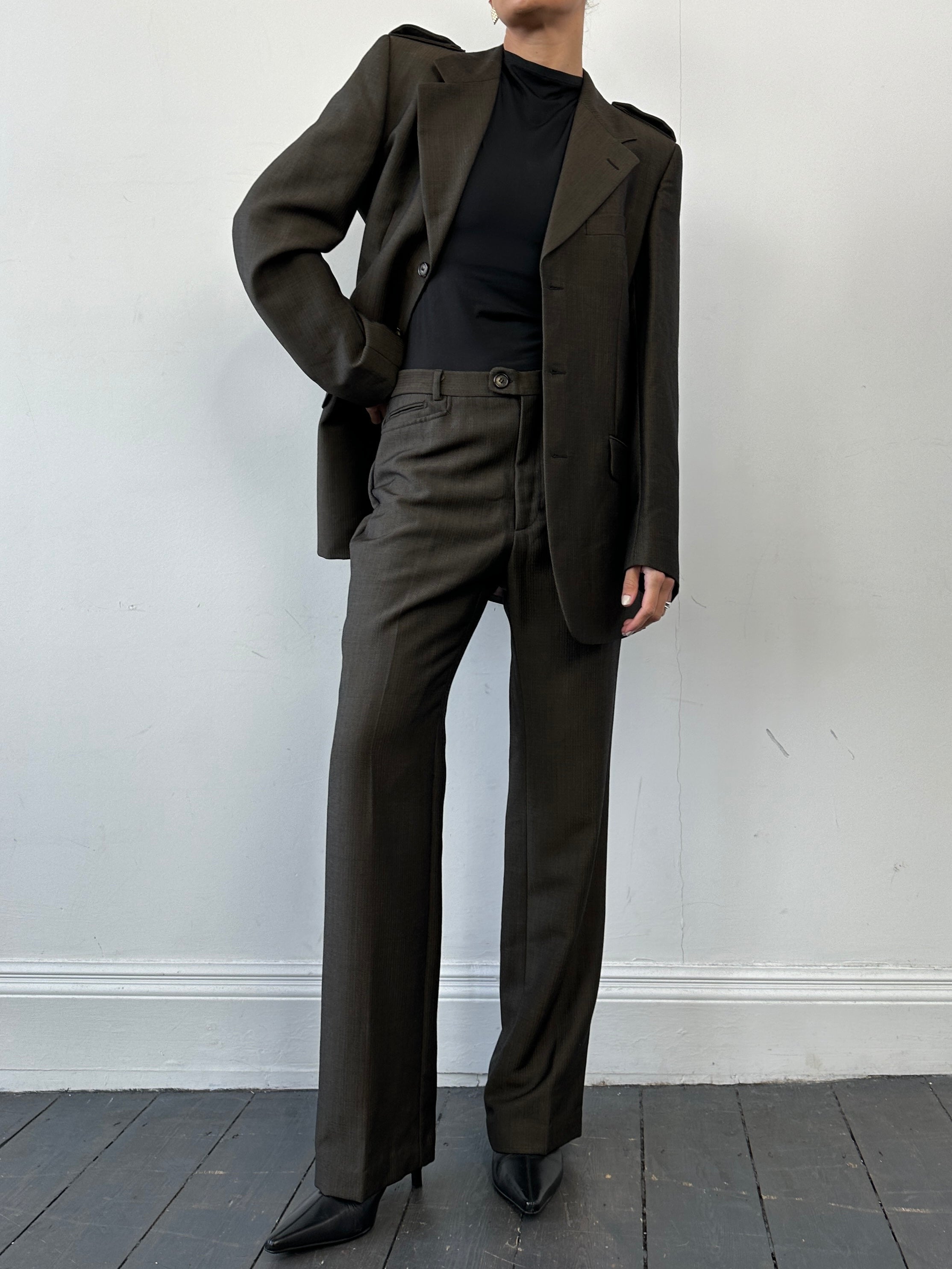 Gucci wool mohair single-breasted jumpsuit in size 40L/W30, tailored fit with lapel collar and sleek design.