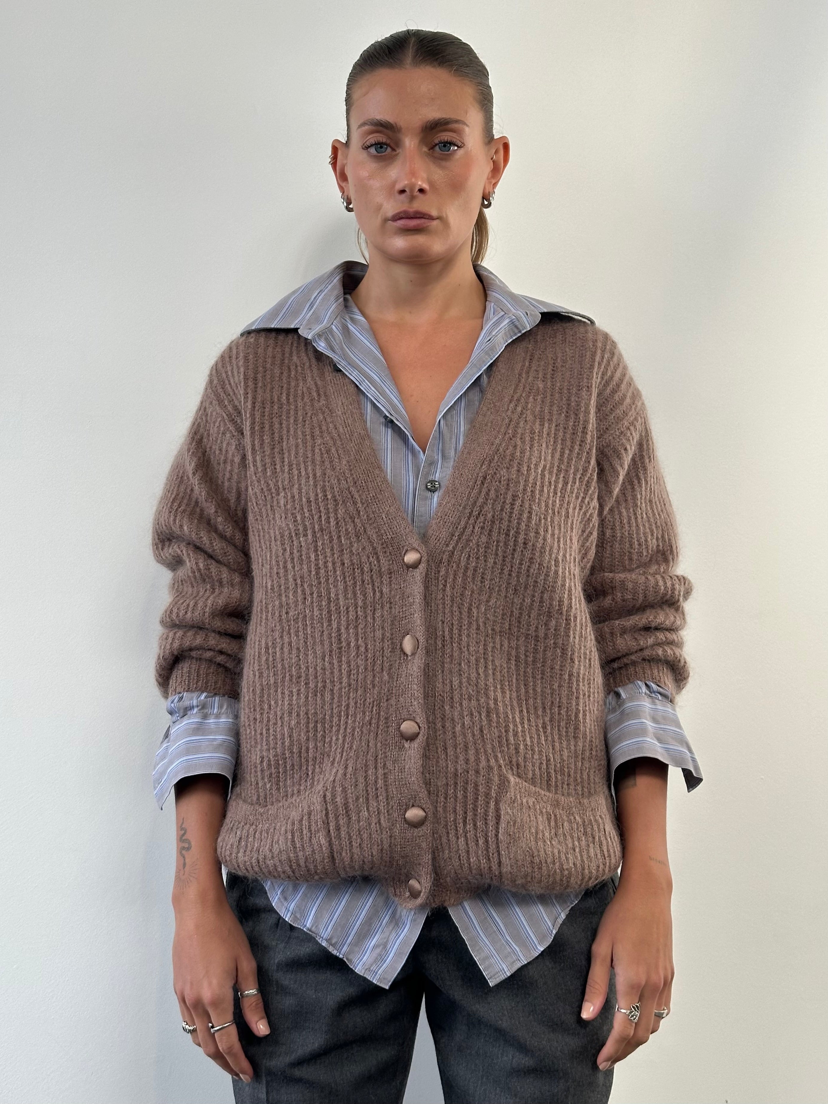 Vintage Italian fuzzy mohair cardigan in size large, soft textured knit with a cozy, retro-inspired design.