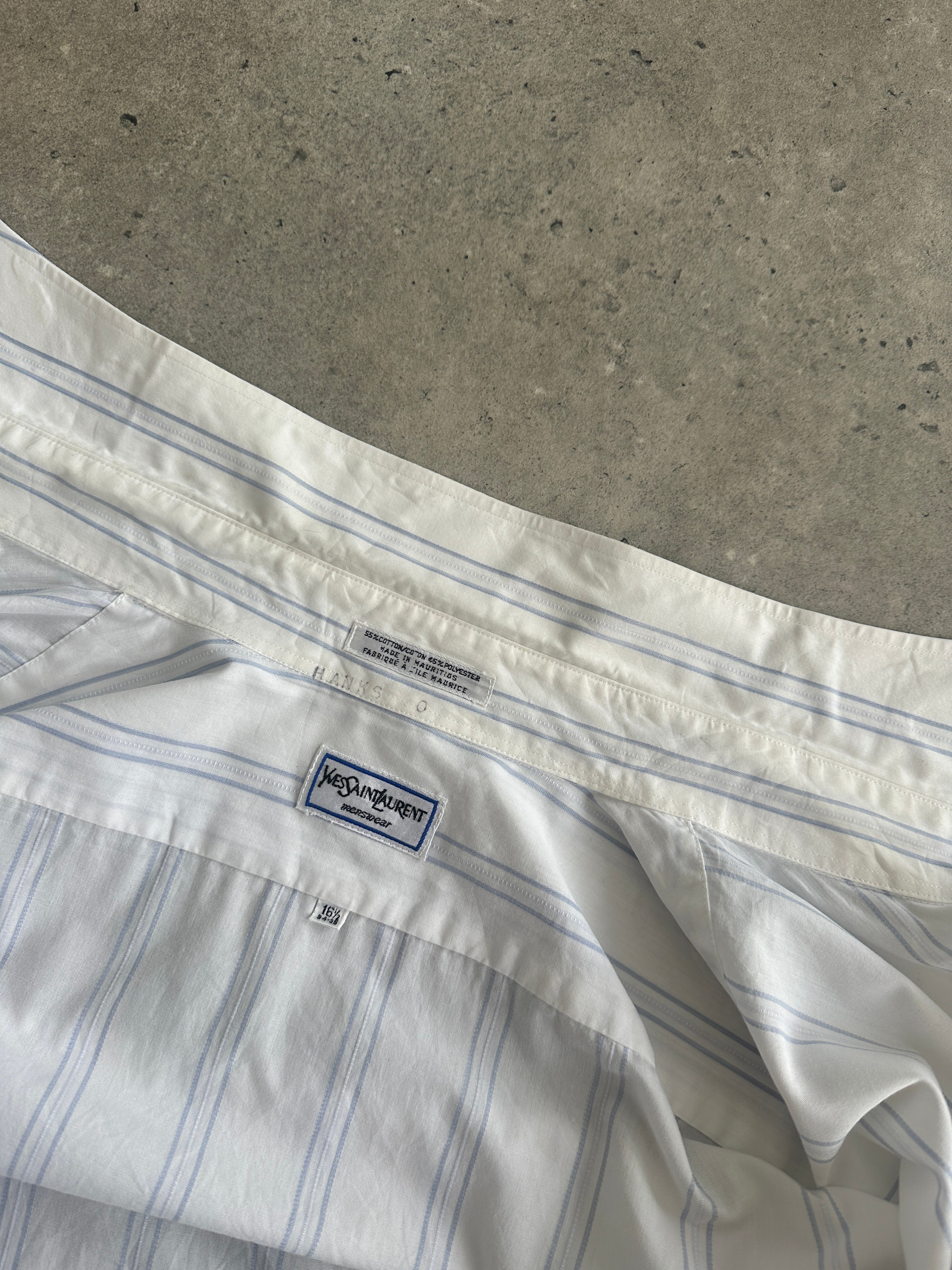 Yves Saint Laurent 80s stripe cotton shirt in size L, featuring bold multicolored horizontal stripes and classic button-up design.