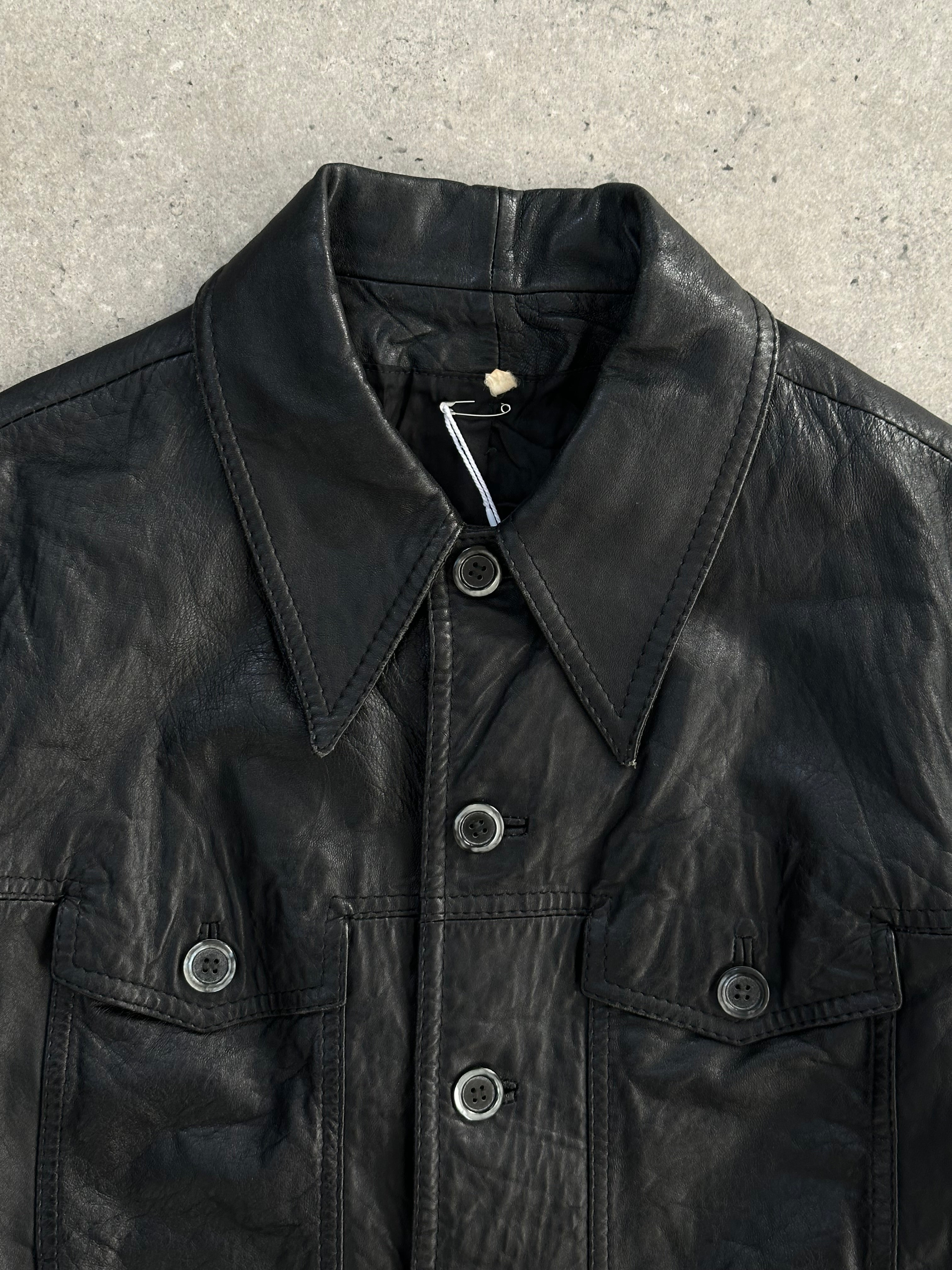 Vintage Dagger Collar Leather Jacket in size small featuring a classic black leather design with silver hardware and a sleek collar.