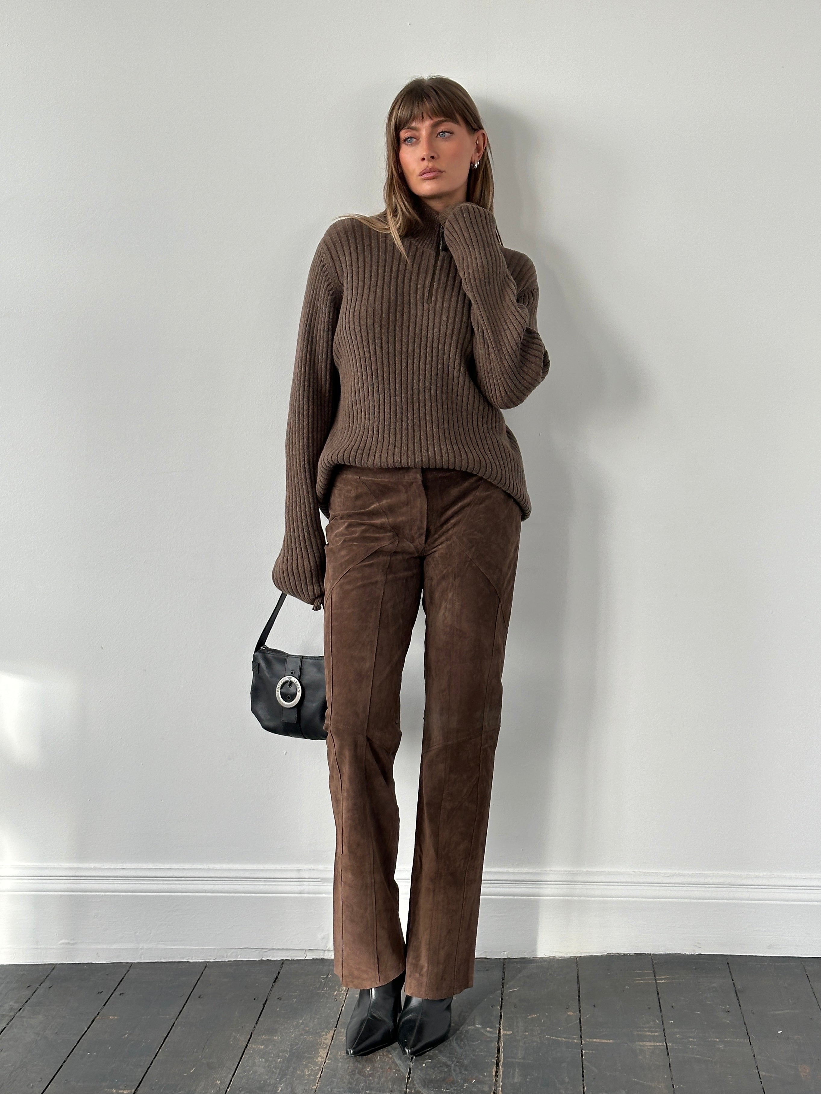 Vintage 1990s suede panelled straight leg trousers in W32 size, featuring classic retro style and tailored fit.