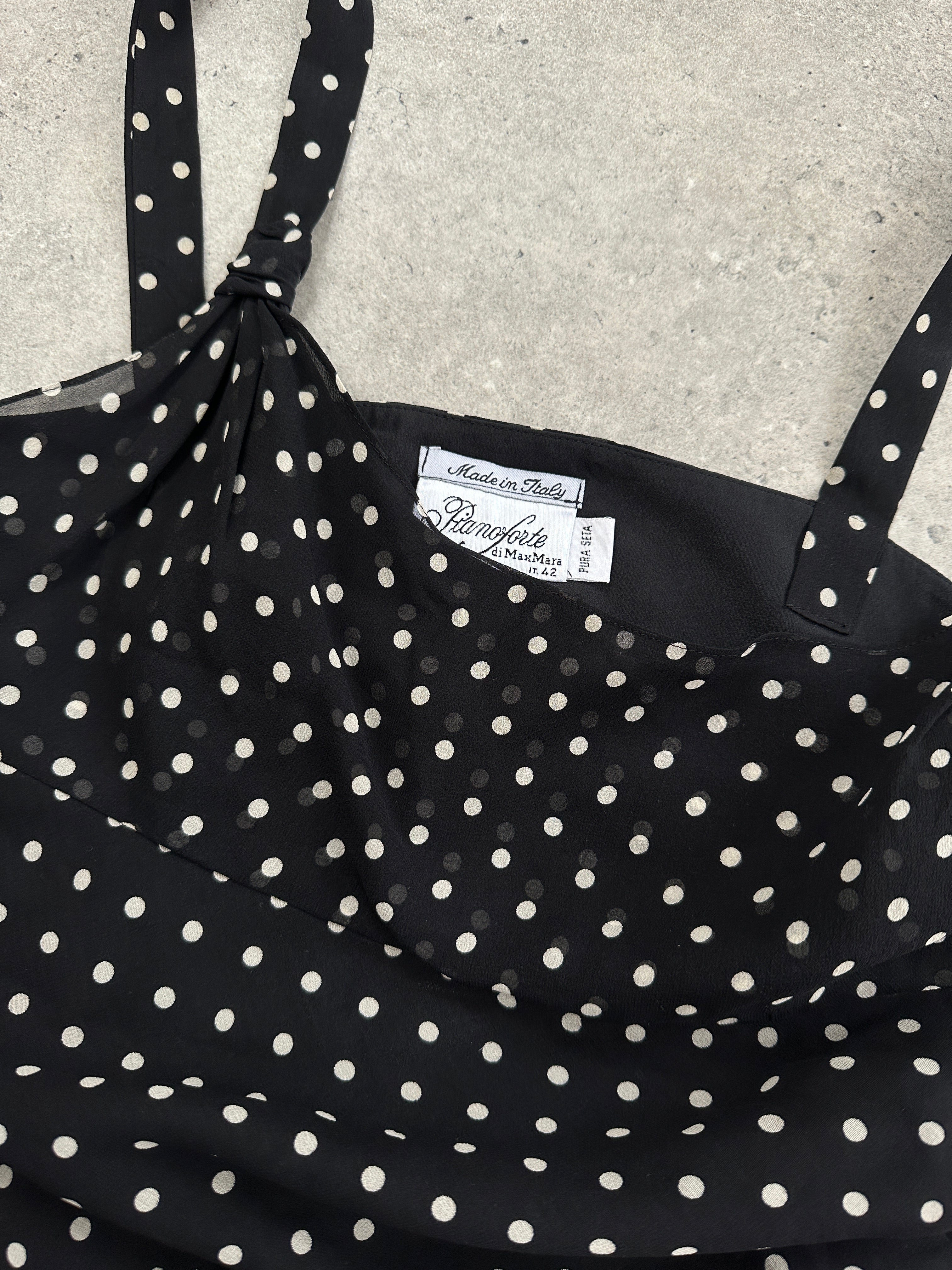 Max Mara Pianoforte 1990s pure silk polka dot asymmetric midi dress in black and white, S/M size, flowing fabric and unique design.