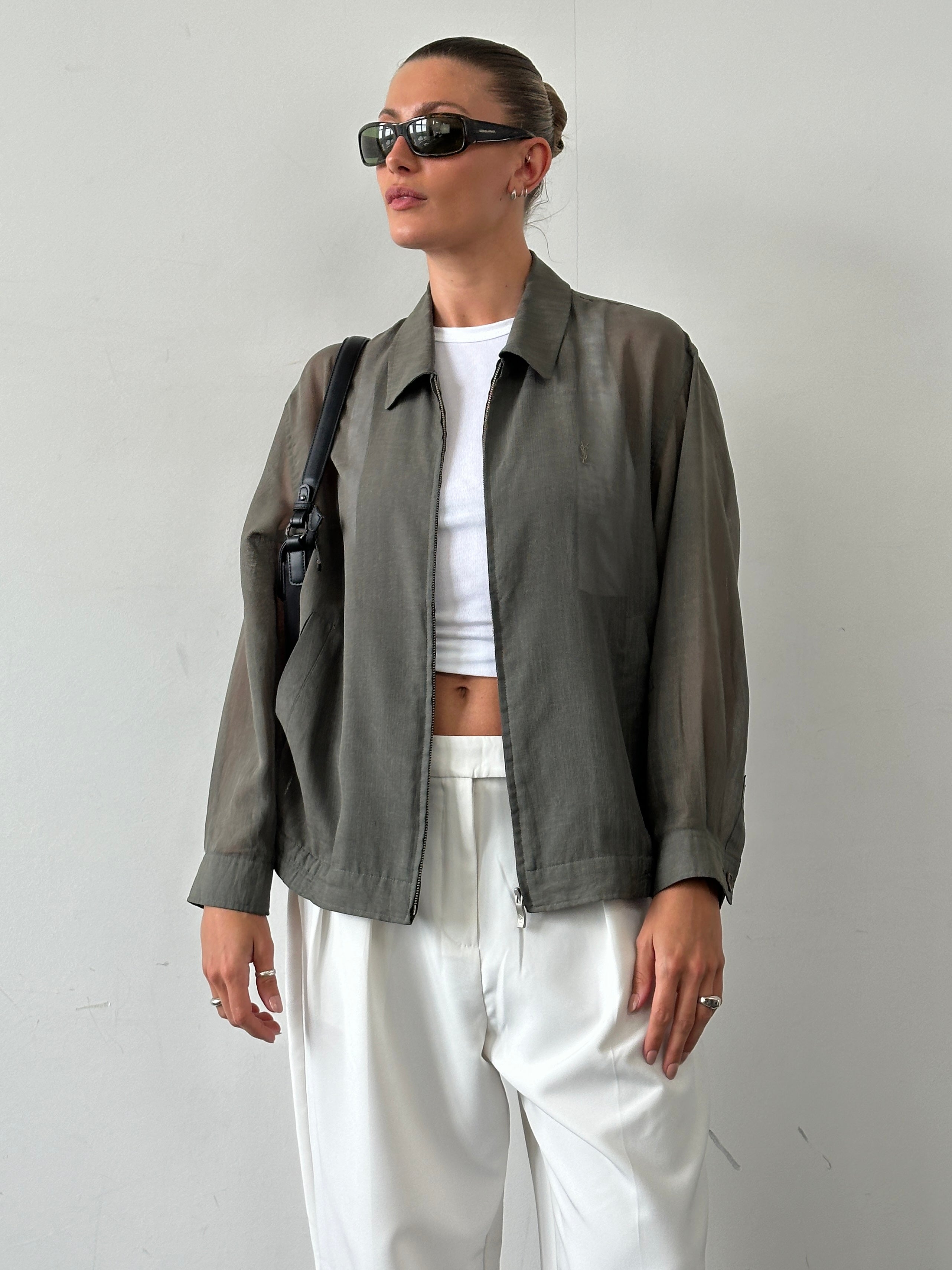 Yves Saint Laurent Pour Homme logo shear bomber jacket in size L, featuring a sleek design with visible logo details.