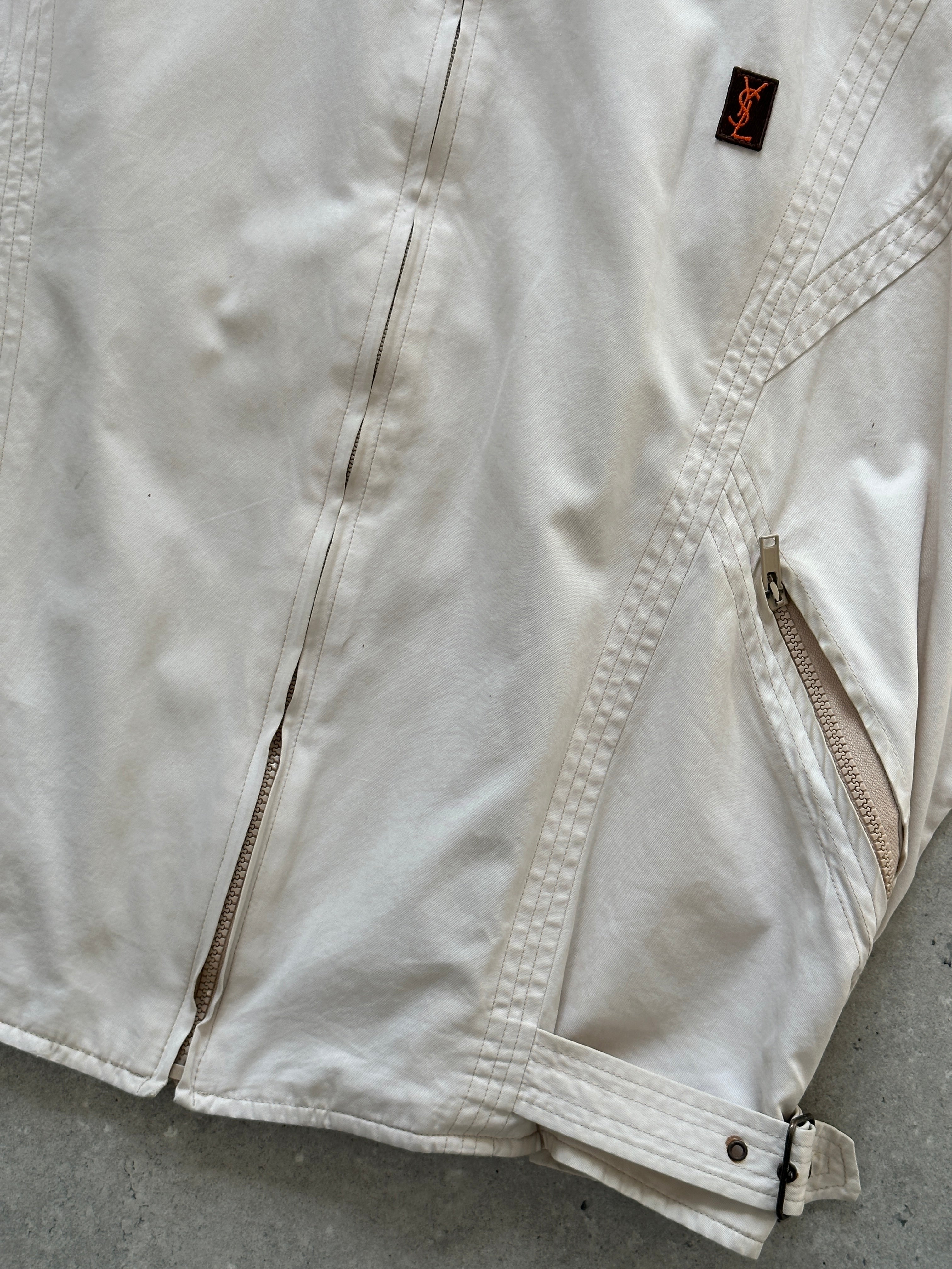 Yves Saint Laurent 70s logo bomber jacket in black with bold YSL branding, front zipper, and ribbed cuffs and collar.