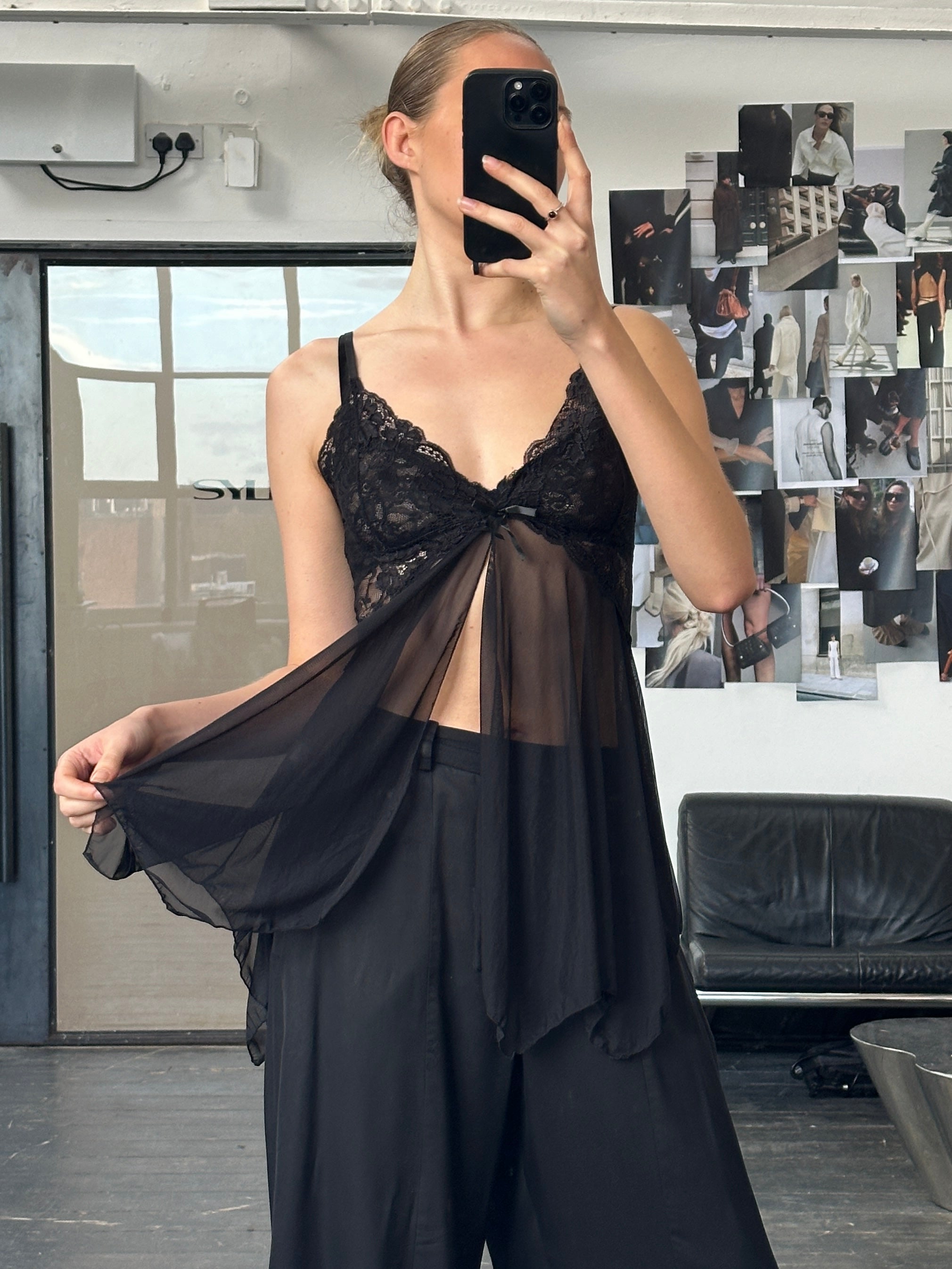 Vintage 1990s sheer lace mesh babydoll top, S/M, featuring delicate floral lace and lightweight, semi-transparent fabric.