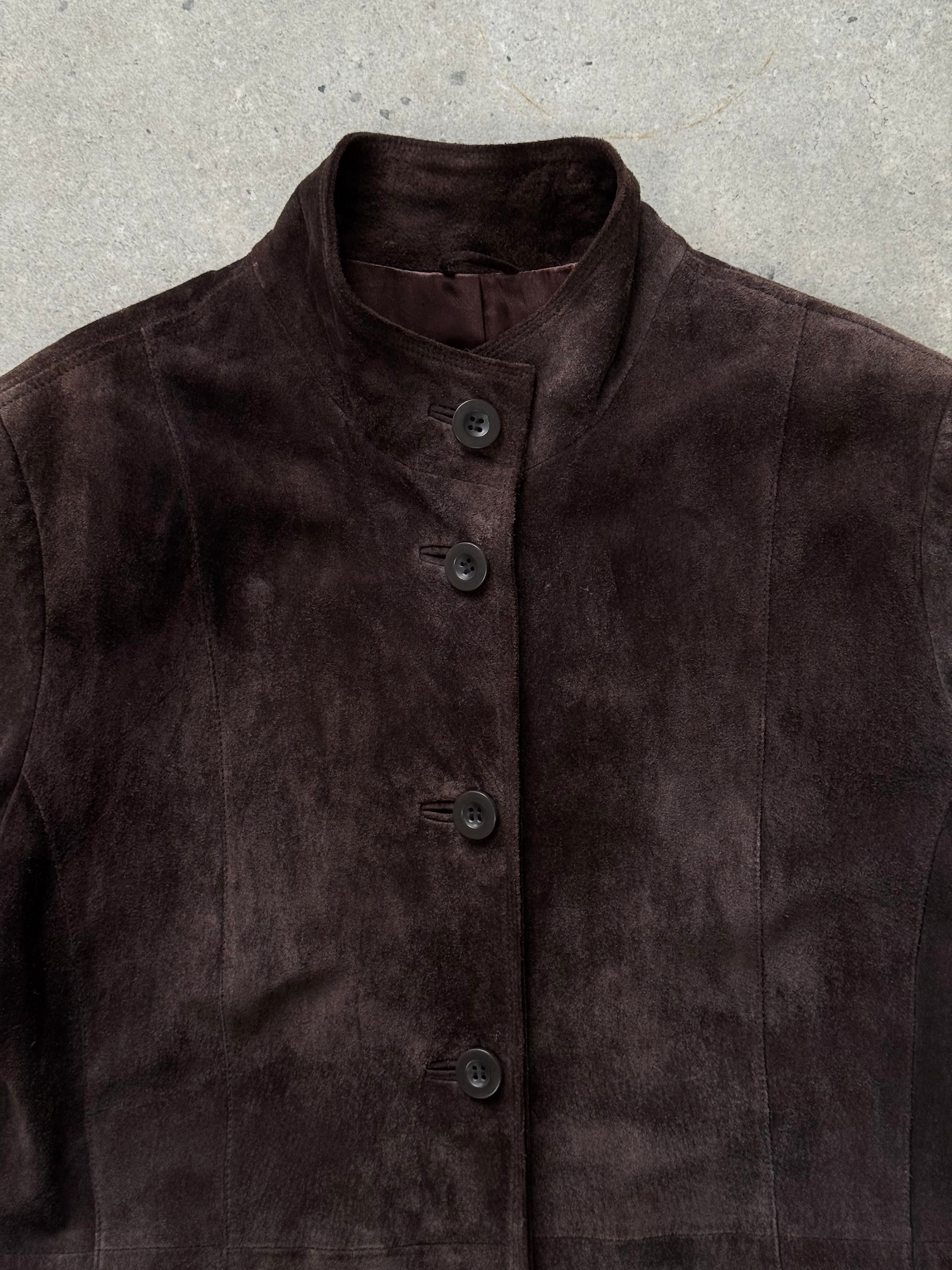 Vintage 1990s suede trench coat, leather jacket in size L, featuring classic design and textured suede material.